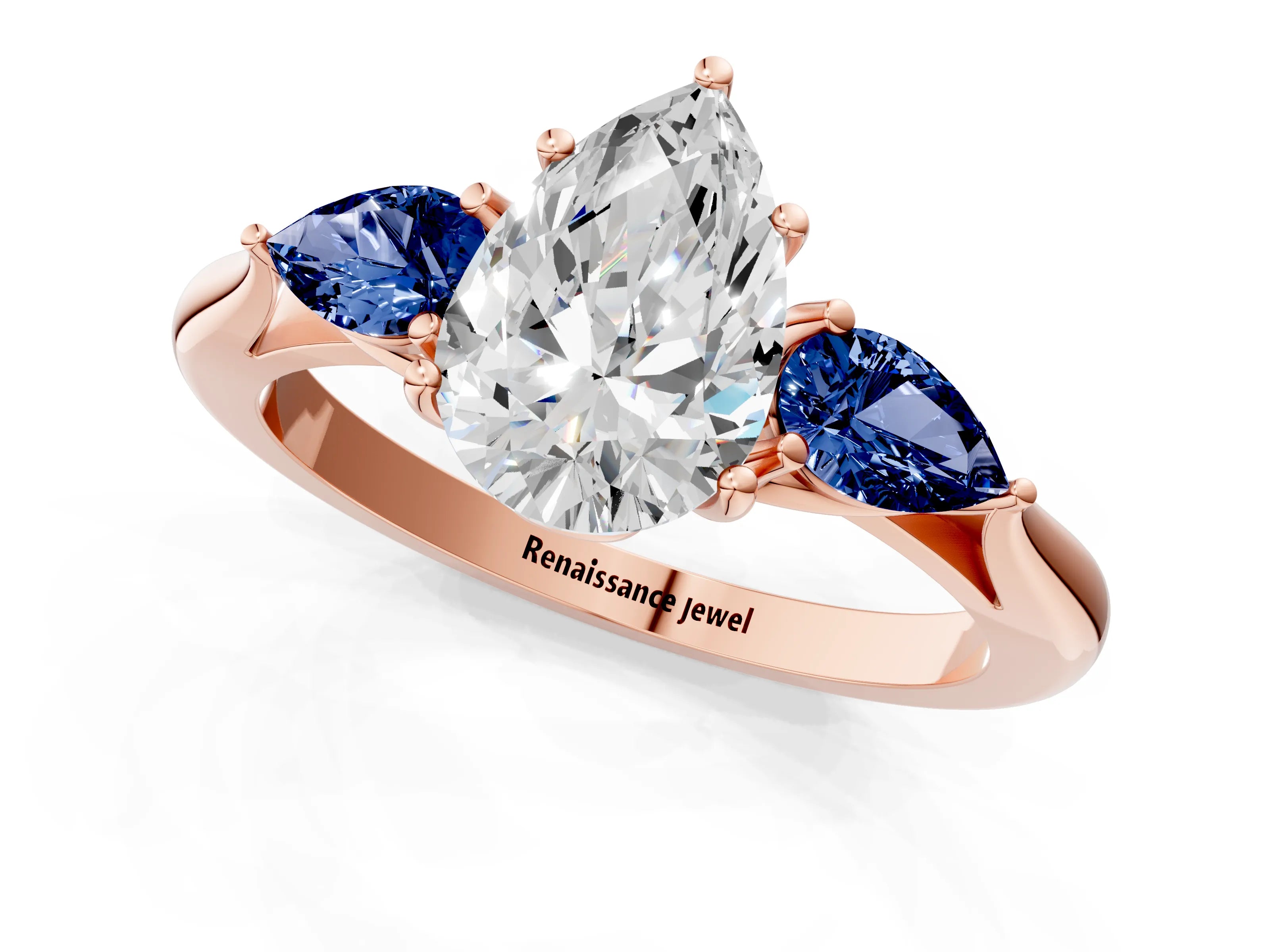 Rose gold Pear Cut Diamond Three-Stone Ring with Pear with Blue Sapphire side stone Side Stones and Prong Setting_1