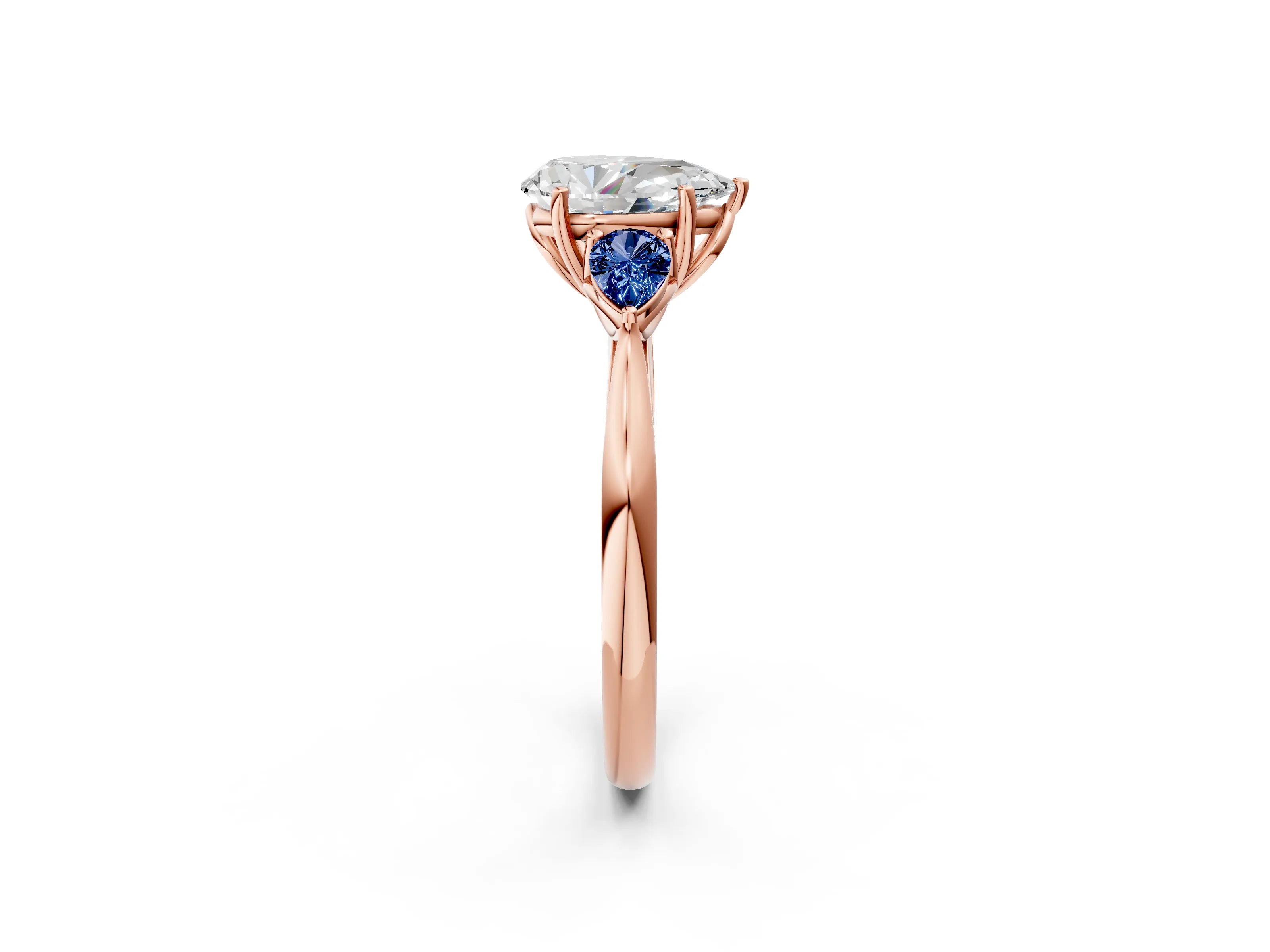 Rose gold Pear Cut Diamond Three-Stone Ring with Pear with Blue Sapphire side stone Side Stones and Prong Setting_2