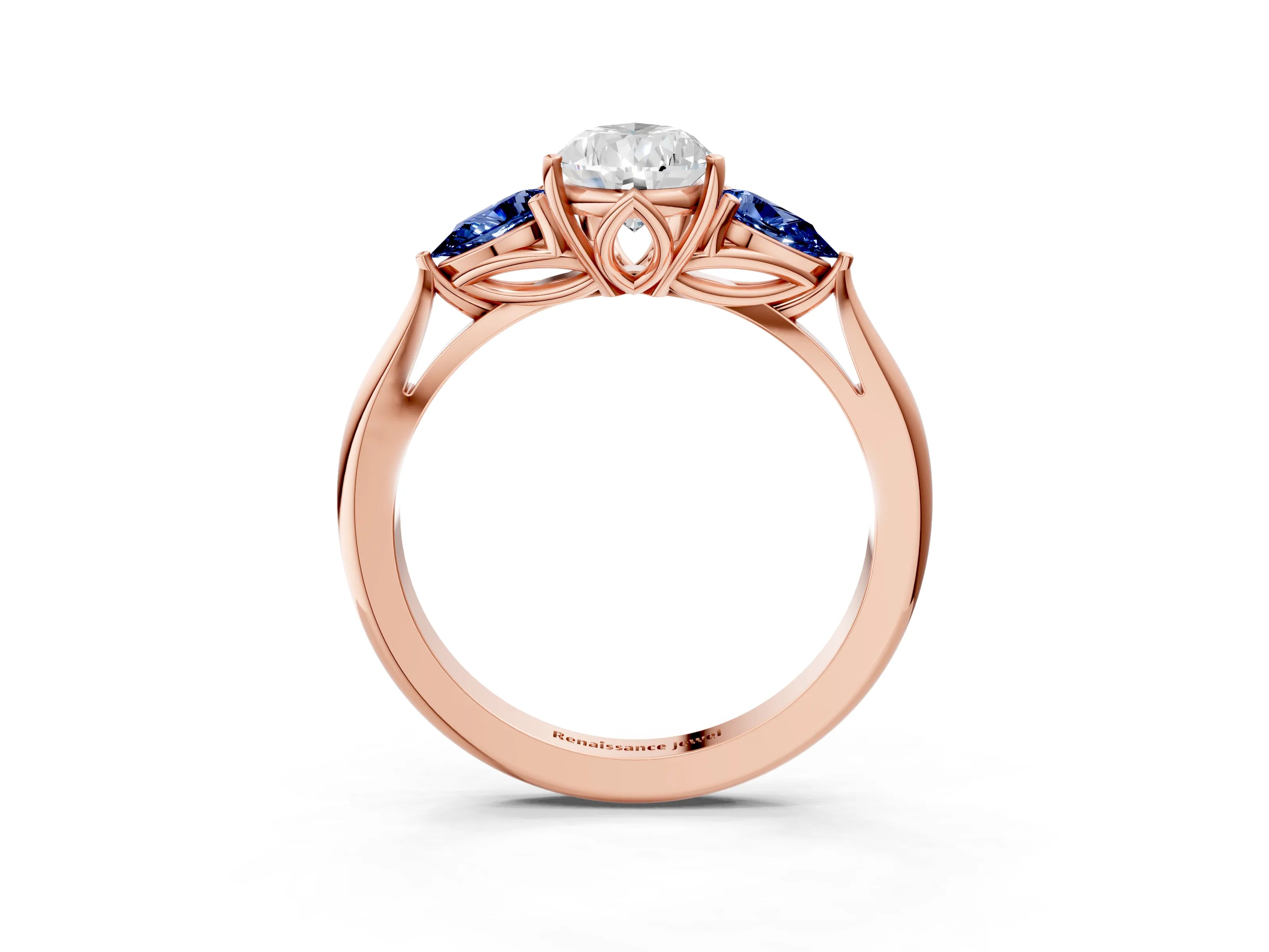 Rose gold Pear Cut Diamond Three-Stone Ring with Pear with Blue Sapphire side stone Side Stones and Prong Setting_3
