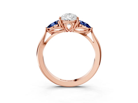 Rose gold Pear Cut Diamond Three-Stone Ring with Pear with Blue Sapphire side stone Side Stones and Prong Setting_3