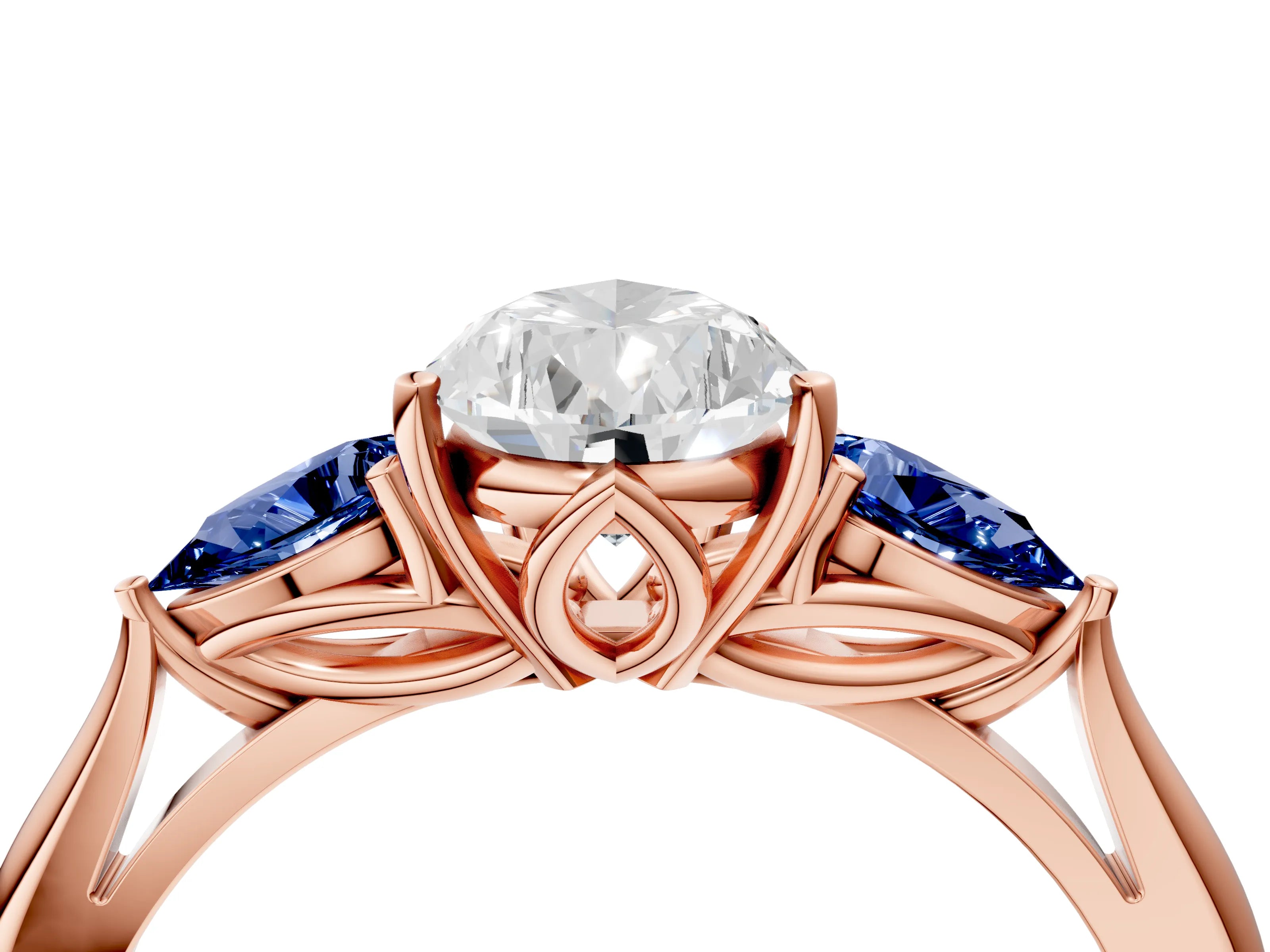 Rose gold Pear Cut Diamond Three-Stone Ring with Pear with Blue Sapphire side stone Side Stones and Prong Setting_4