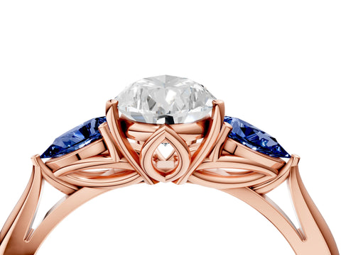 Rose gold Pear Cut Diamond Three-Stone Ring with Pear with Blue Sapphire side stone Side Stones and Prong Setting_4