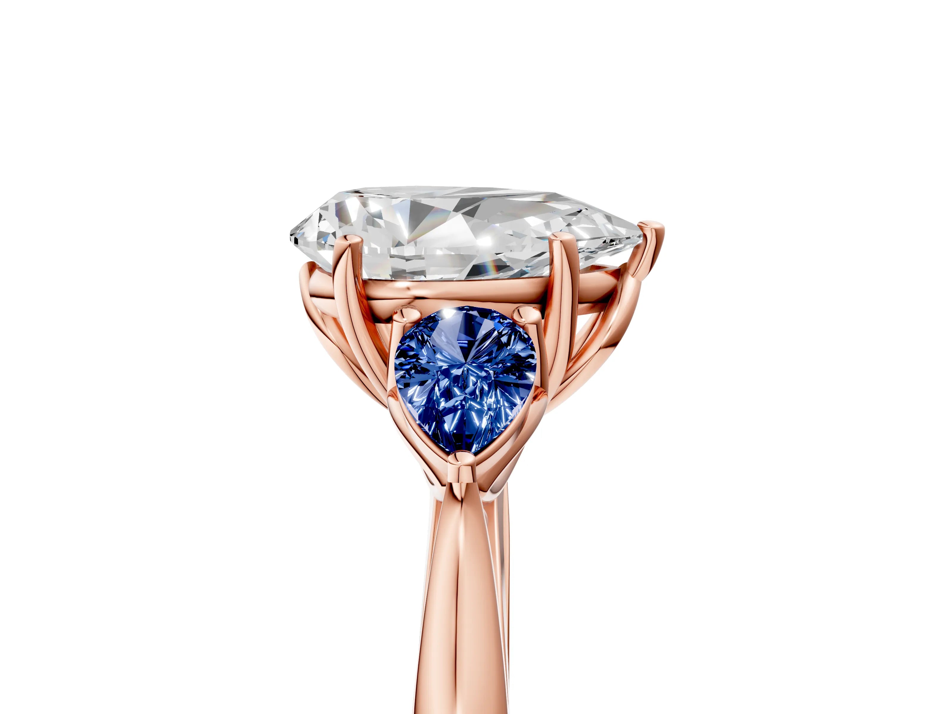 Rose gold Pear Cut Diamond Three-Stone Ring with Pear with Blue Sapphire side stone Side Stones and Prong Setting_5