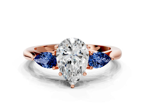 Rose gold Pear Cut Diamond Three-Stone Ring with Pear with Blue Sapphire side stone Side Stones and Prong Setting