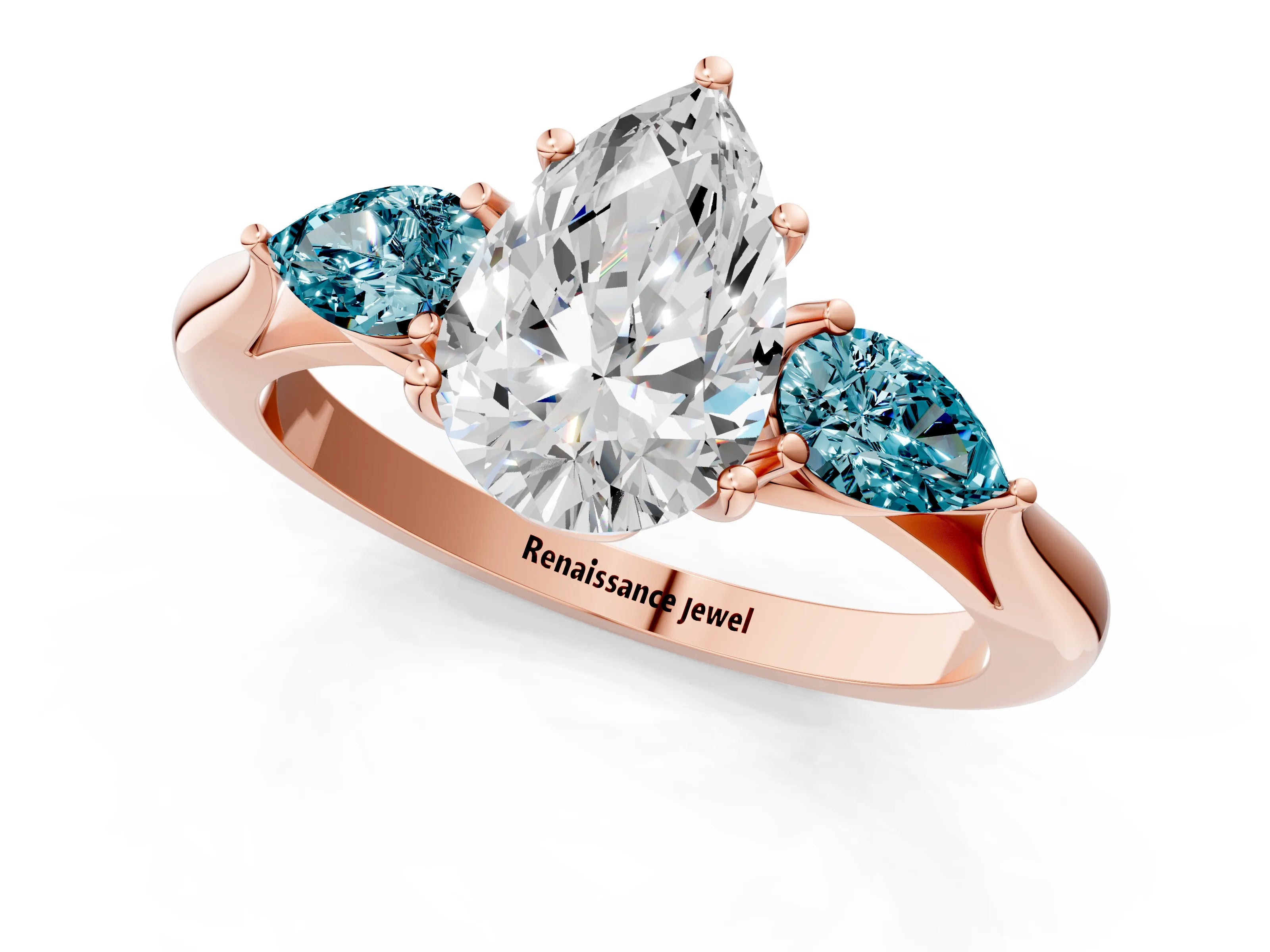 Rose gold Pear Cut Diamond Three-Stone Ring with Pear with Blue Topaz side stone Side Stones and Prong Setting_1