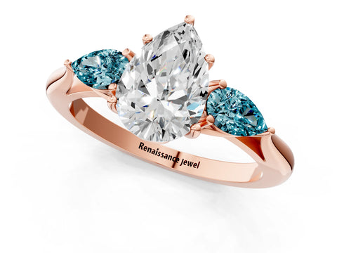 Rose gold Pear Cut Diamond Three-Stone Ring with Pear with Blue Topaz side stone Side Stones and Prong Setting_1