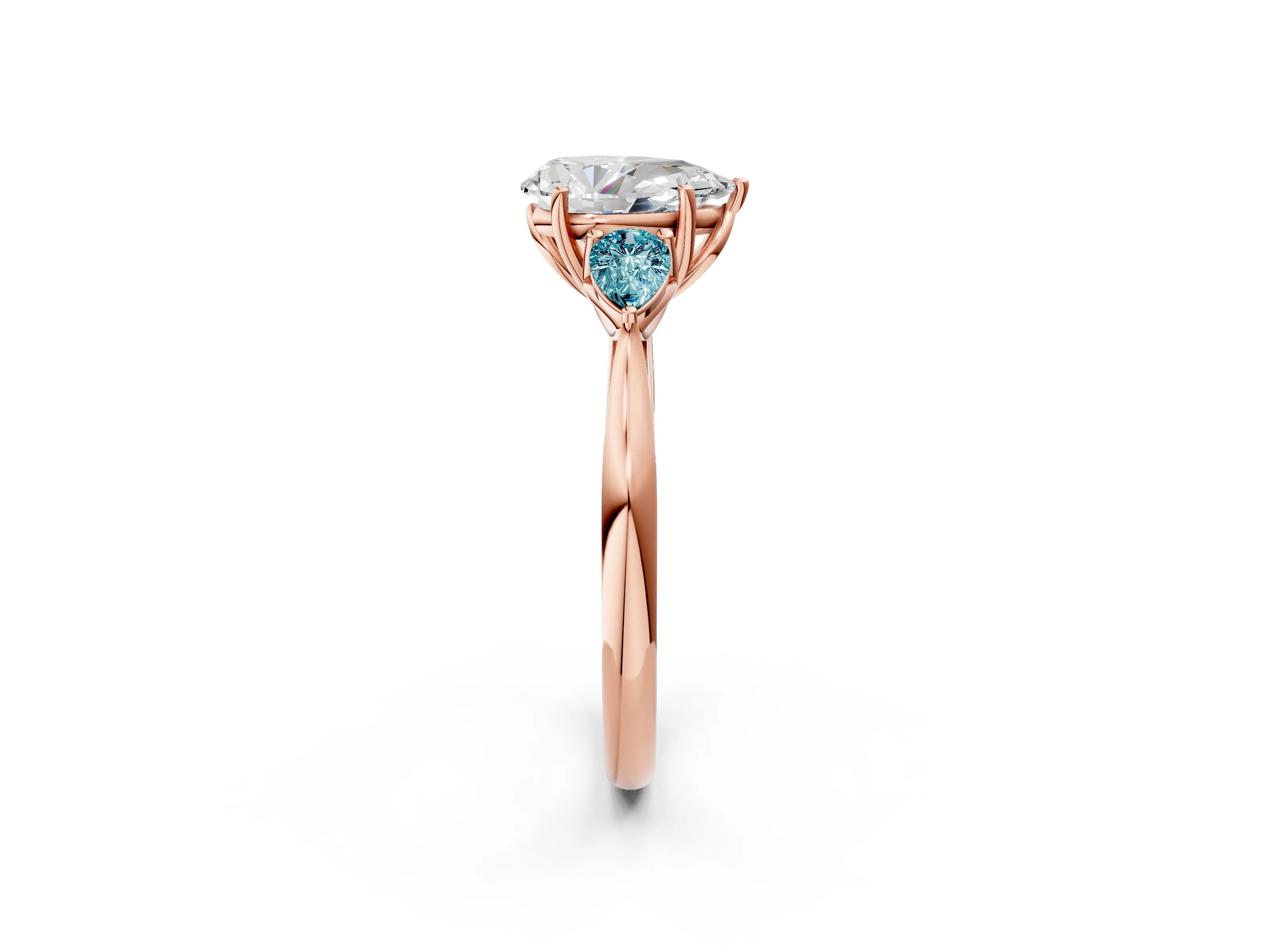 Rose gold Pear Cut Diamond Three-Stone Ring with Pear with Blue Topaz side stone Side Stones and Prong Setting_2