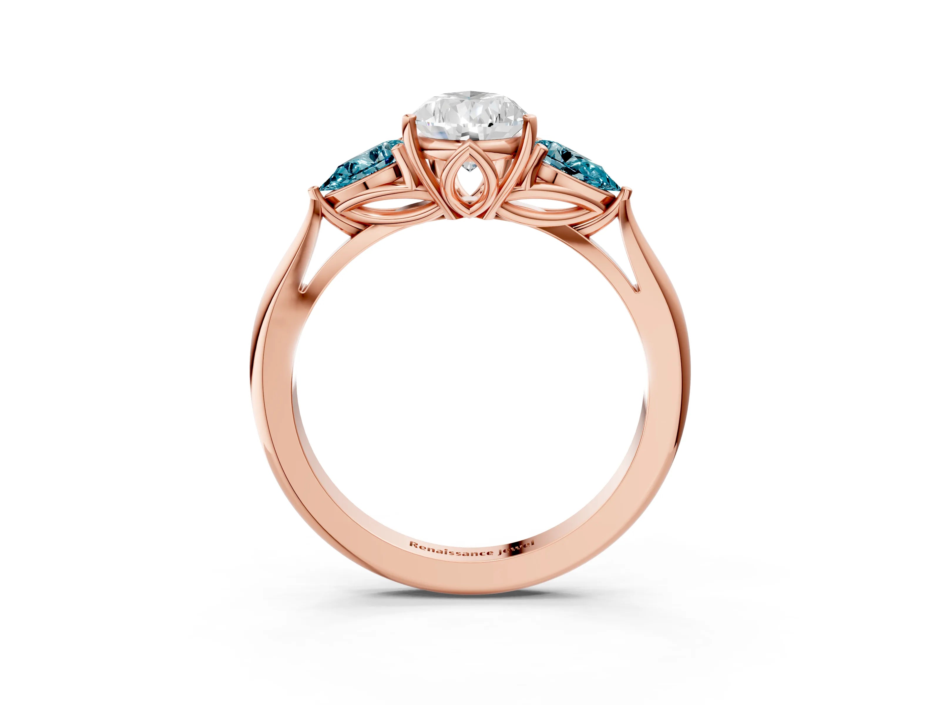 Rose gold Pear Cut Diamond Three-Stone Ring with Pear with Blue Topaz side stone Side Stones and Prong Setting_3