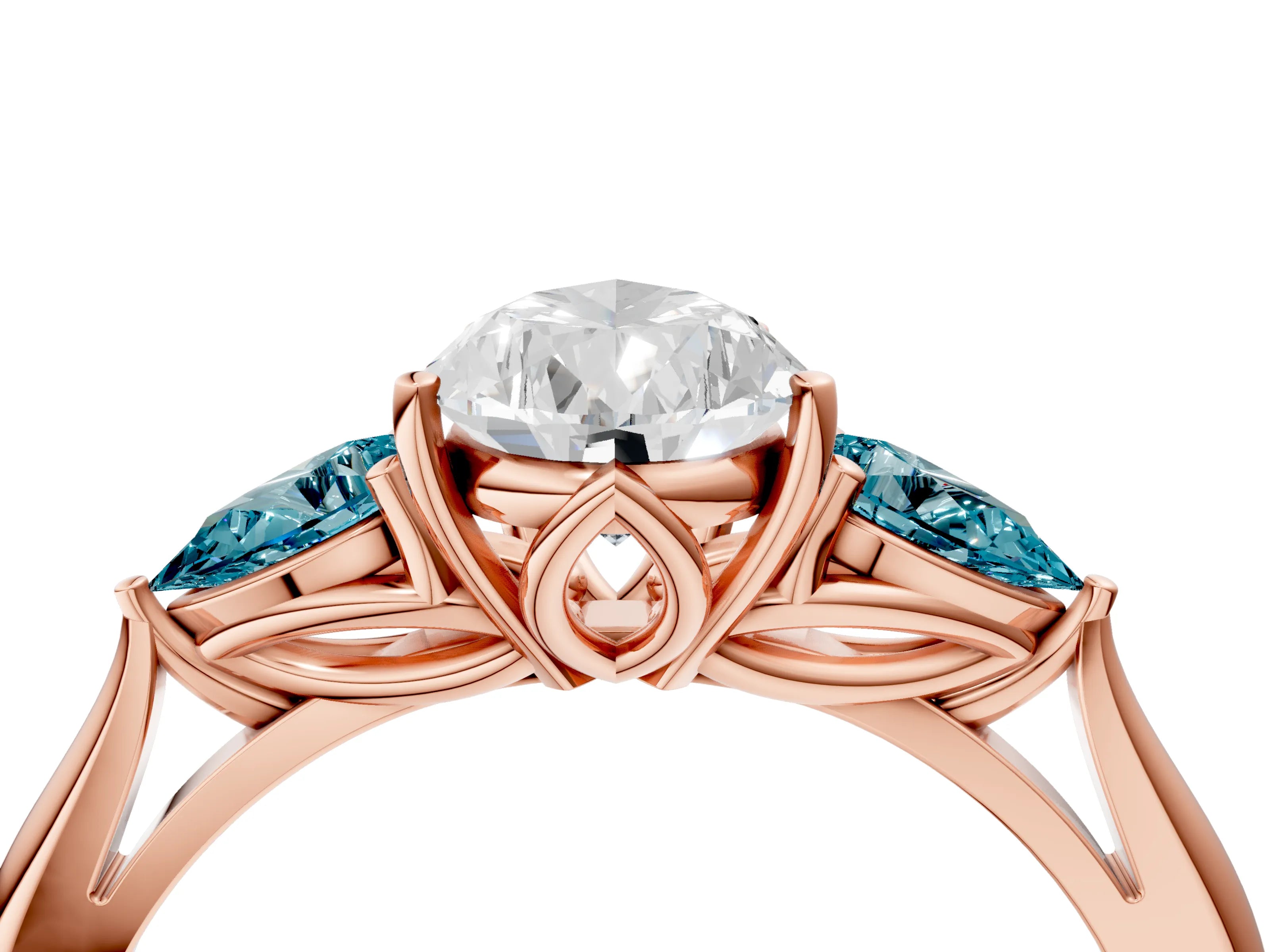 Rose gold Pear Cut Diamond Three-Stone Ring with Pear with Blue Topaz side stone Side Stones and Prong Setting_4