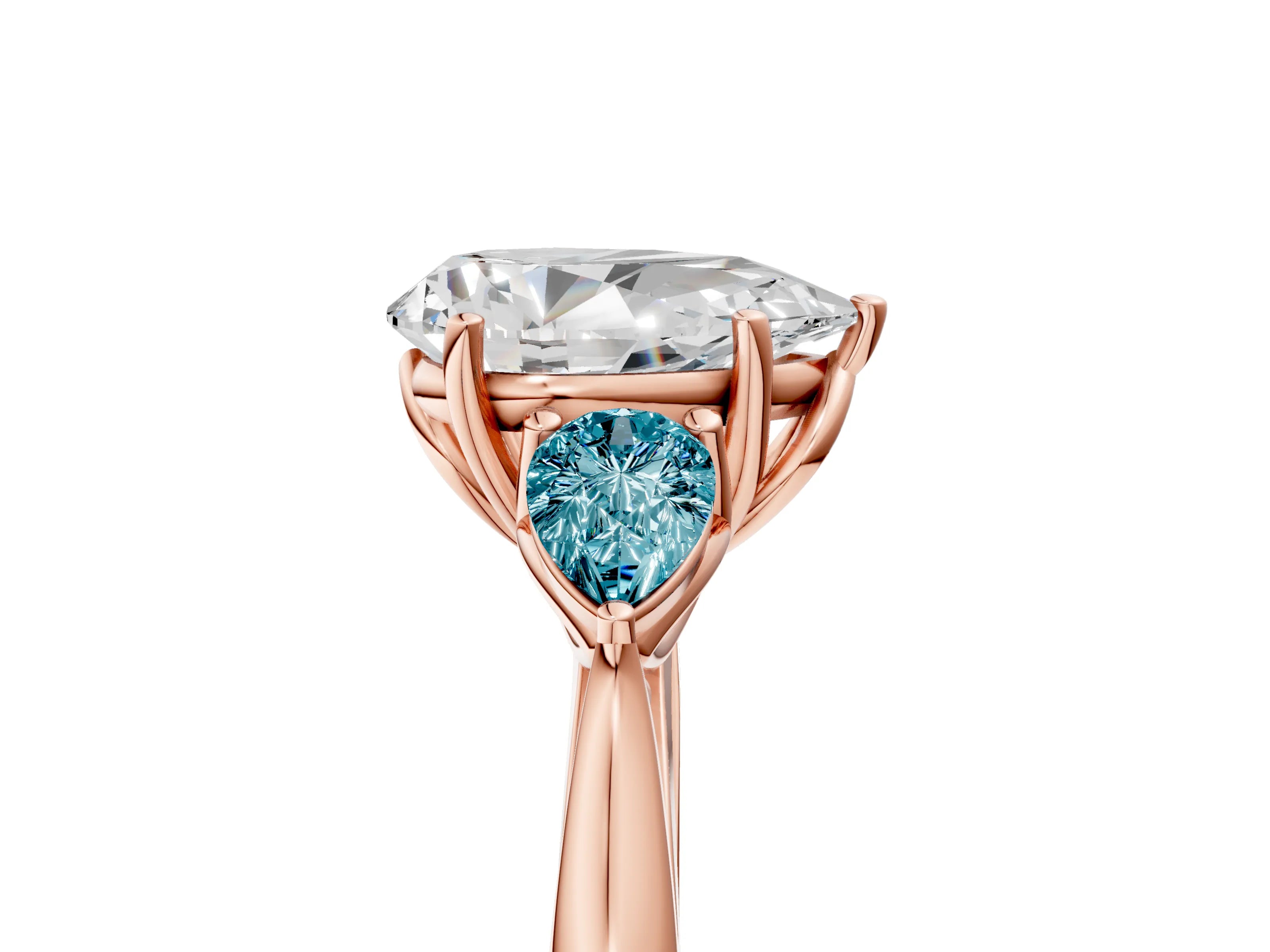 Rose gold Pear Cut Diamond Three-Stone Ring with Pear with Blue Topaz side stone Side Stones and Prong Setting_5