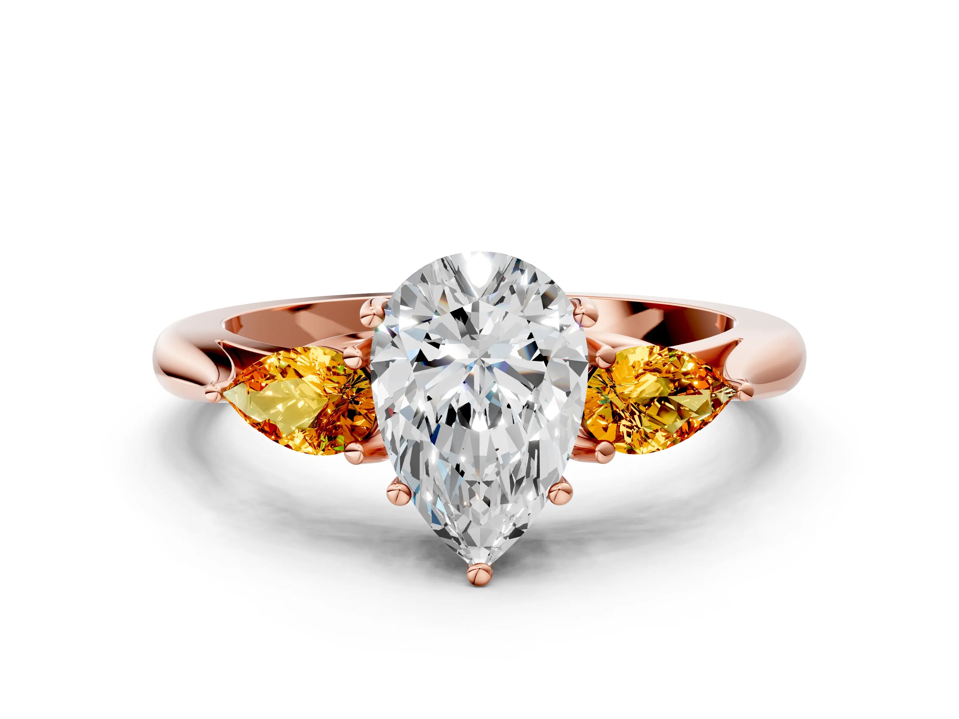Rose gold Pear Cut Diamond Three-Stone Ring with Pear with Citrine side stone Side Stones and Prong Setting
