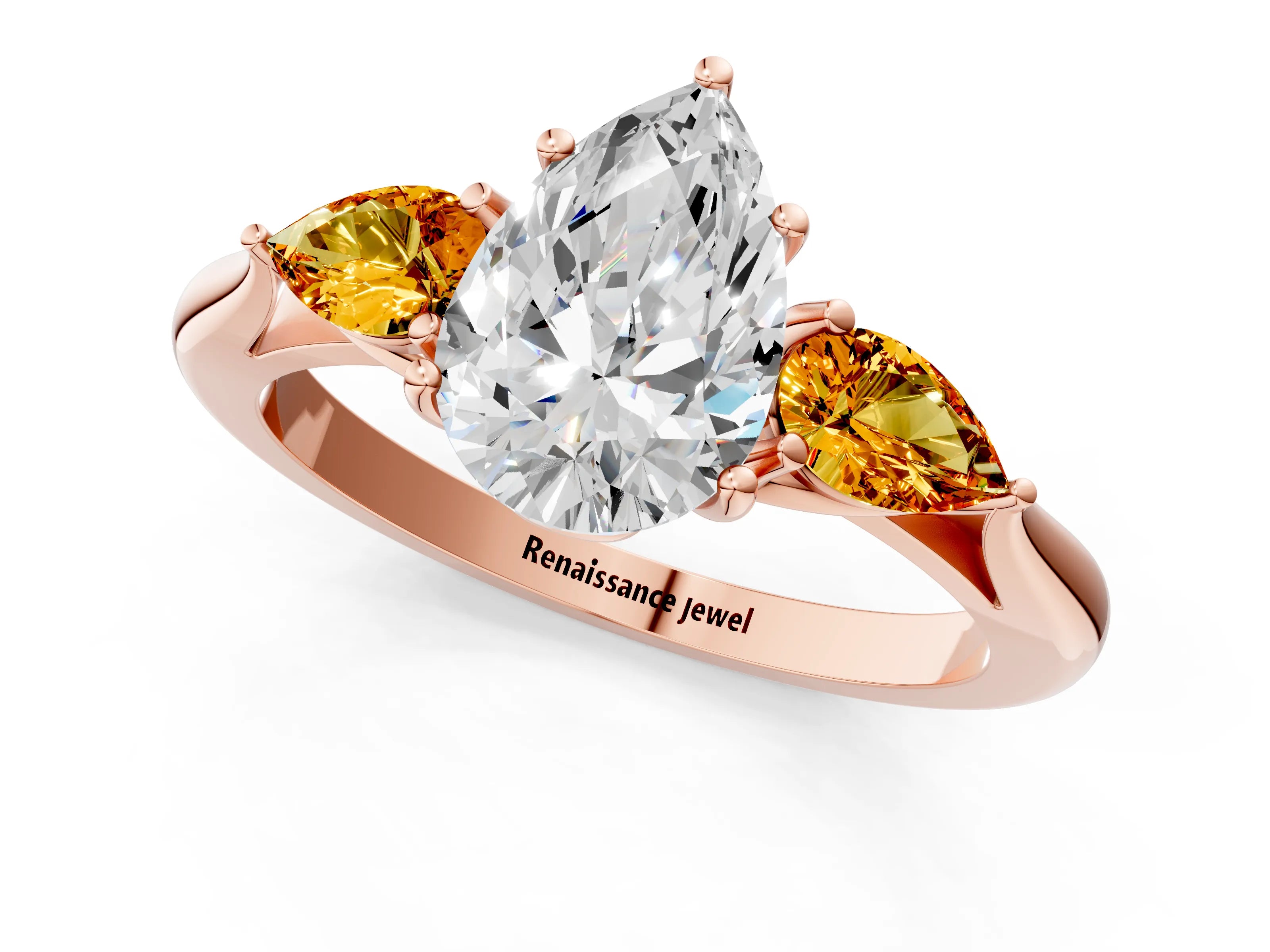 Rose gold Pear Cut Diamond Three-Stone Ring with Pear with Citrine side stone Side Stones and Prong Setting_1