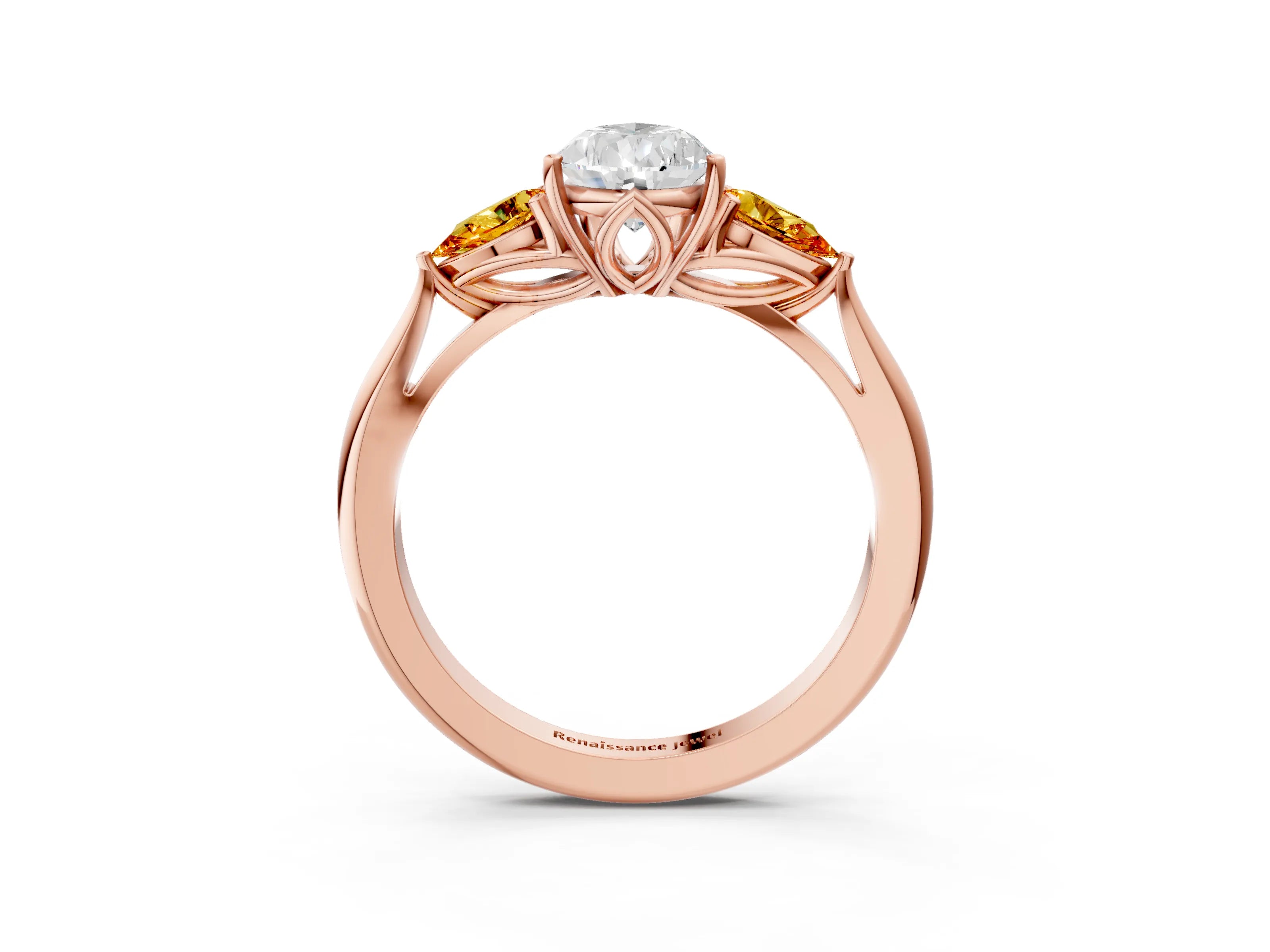 Rose gold Pear Cut Diamond Three-Stone Ring with Pear with Citrine side stone Side Stones and Prong Setting_3