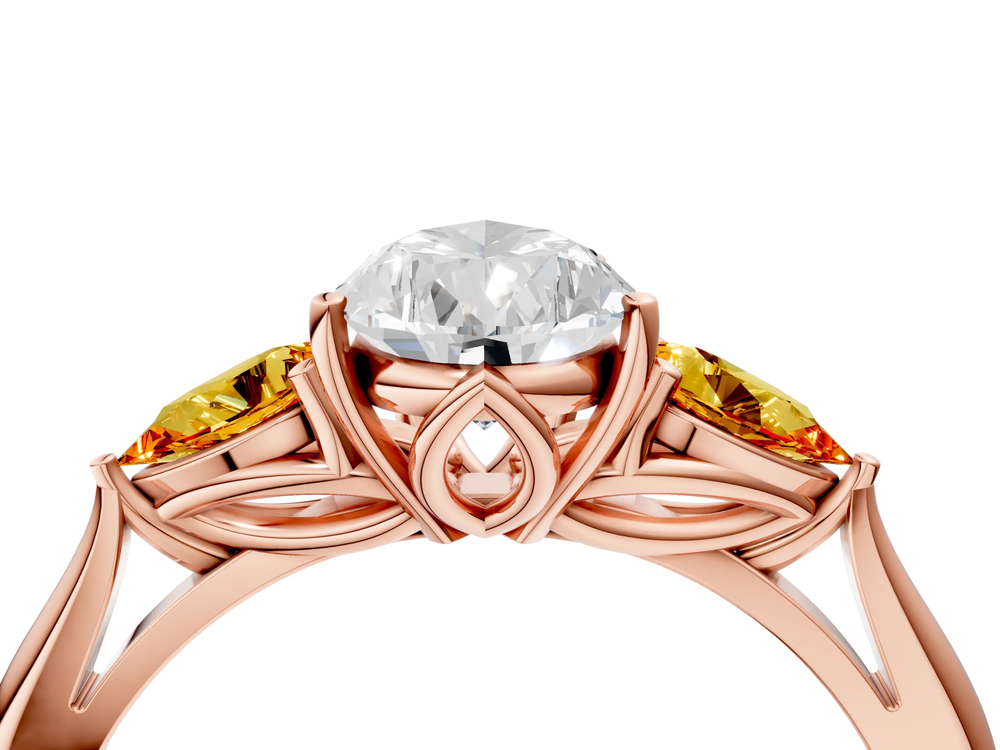 Rose gold Pear Cut Diamond Three-Stone Ring with Pear with Citrine side stone Side Stones and Prong Setting_4