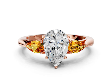 Rose gold Pear Cut Diamond Three-Stone Ring with Pear with Citrine side stone Side Stones and Prong Setting