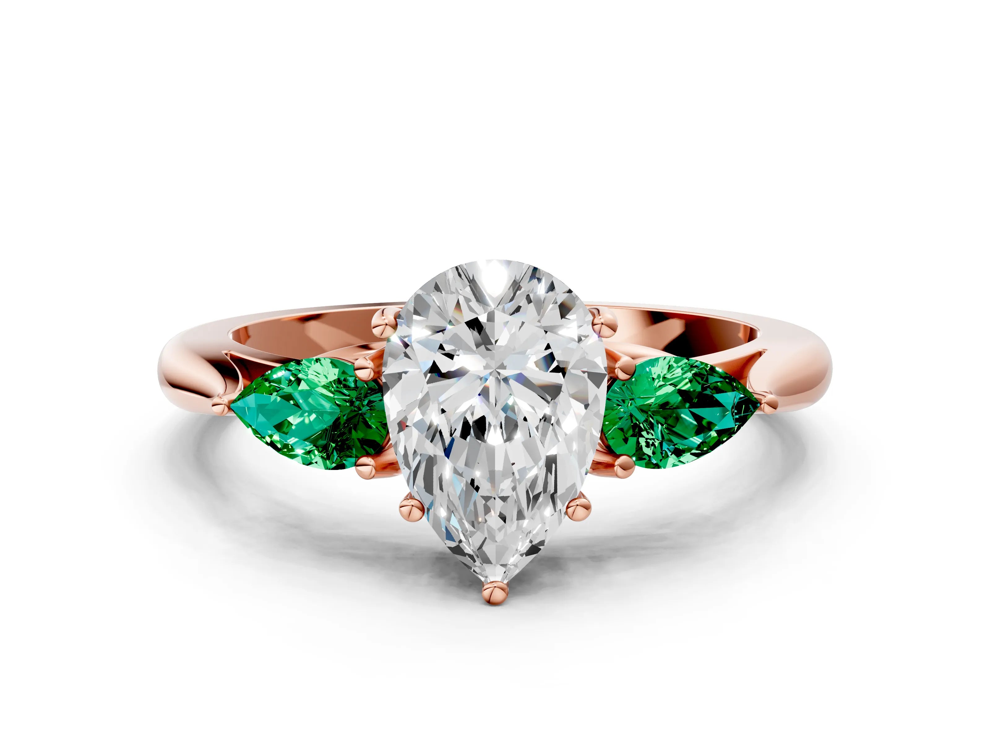 Rose gold Pear Cut Diamond Three-Stone Ring with Pear with Emerald side stone Side Stones and Prong Setting