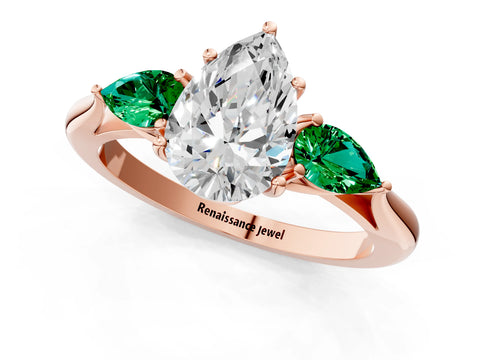 Rose gold Pear Cut Diamond Three-Stone Ring with Pear with Emerald side stone Side Stones and Prong Setting_1