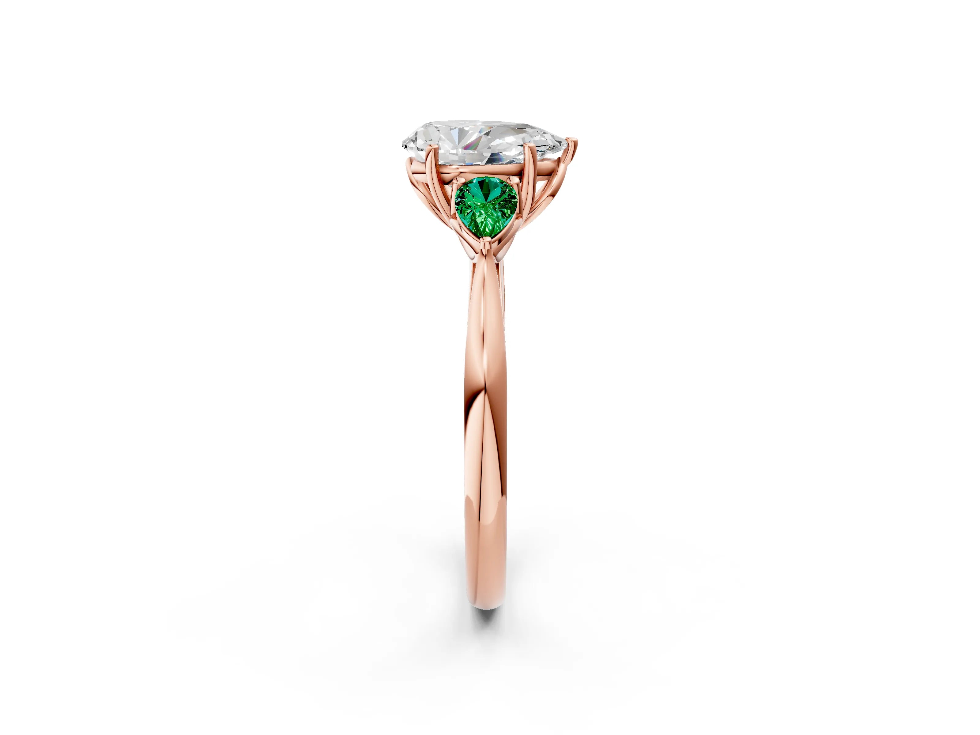 Rose gold Pear Cut Diamond Three-Stone Ring with Pear with Emerald side stone Side Stones and Prong Setting_2