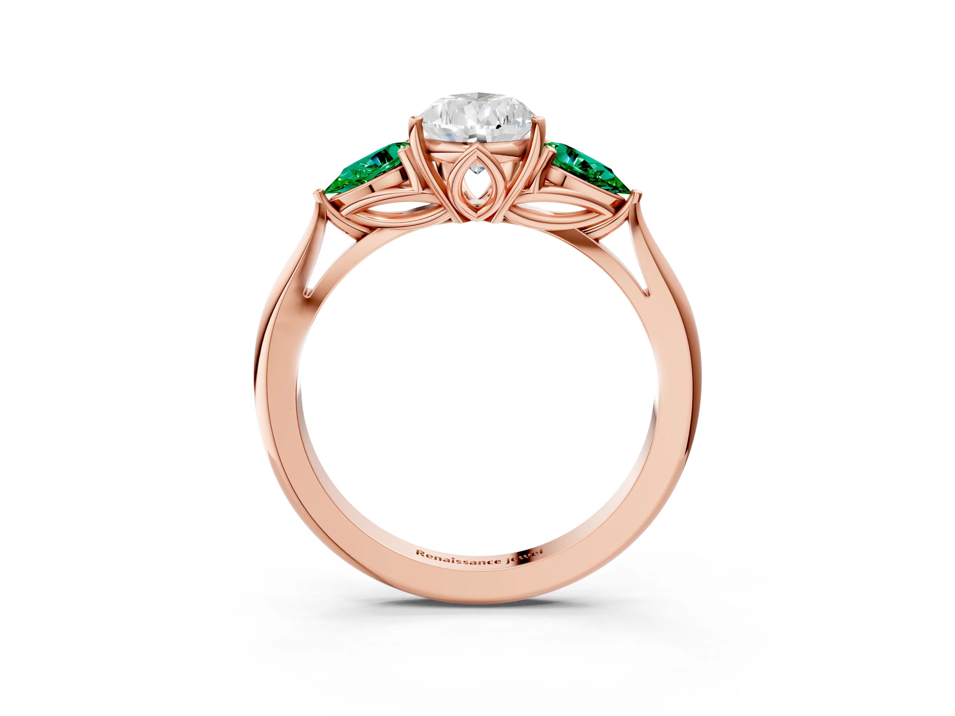 Rose gold Pear Cut Diamond Three-Stone Ring with Pear with Emerald side stone Side Stones and Prong Setting_3