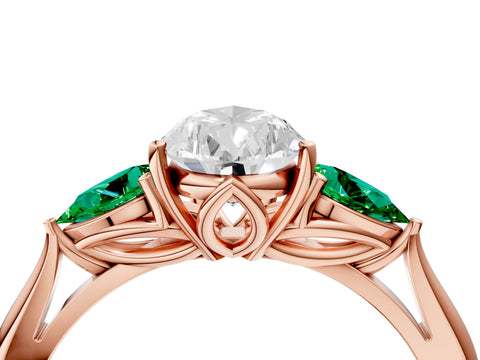 Rose gold Pear Cut Diamond Three-Stone Ring with Pear with Emerald side stone Side Stones and Prong Setting_4