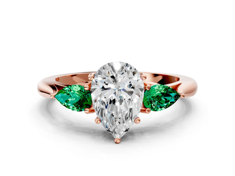 Rose gold Pear Cut Diamond Three-Stone Ring with Pear with Emerald side stone Side Stones and Prong Setting