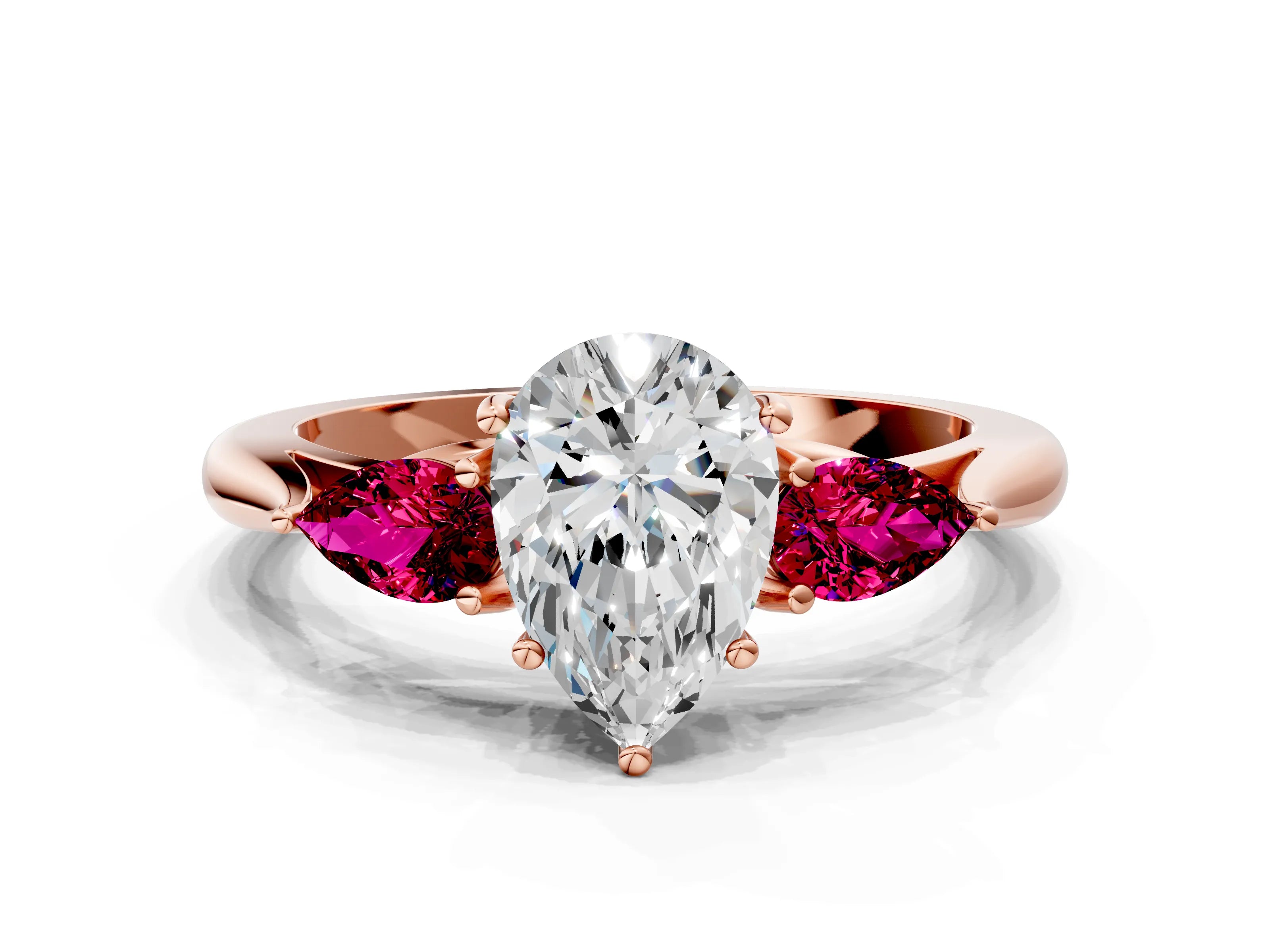 Rose gold Pear Cut Diamond Three-Stone Ring with Pear with Garnet side stone Side Stones and Prong Setting