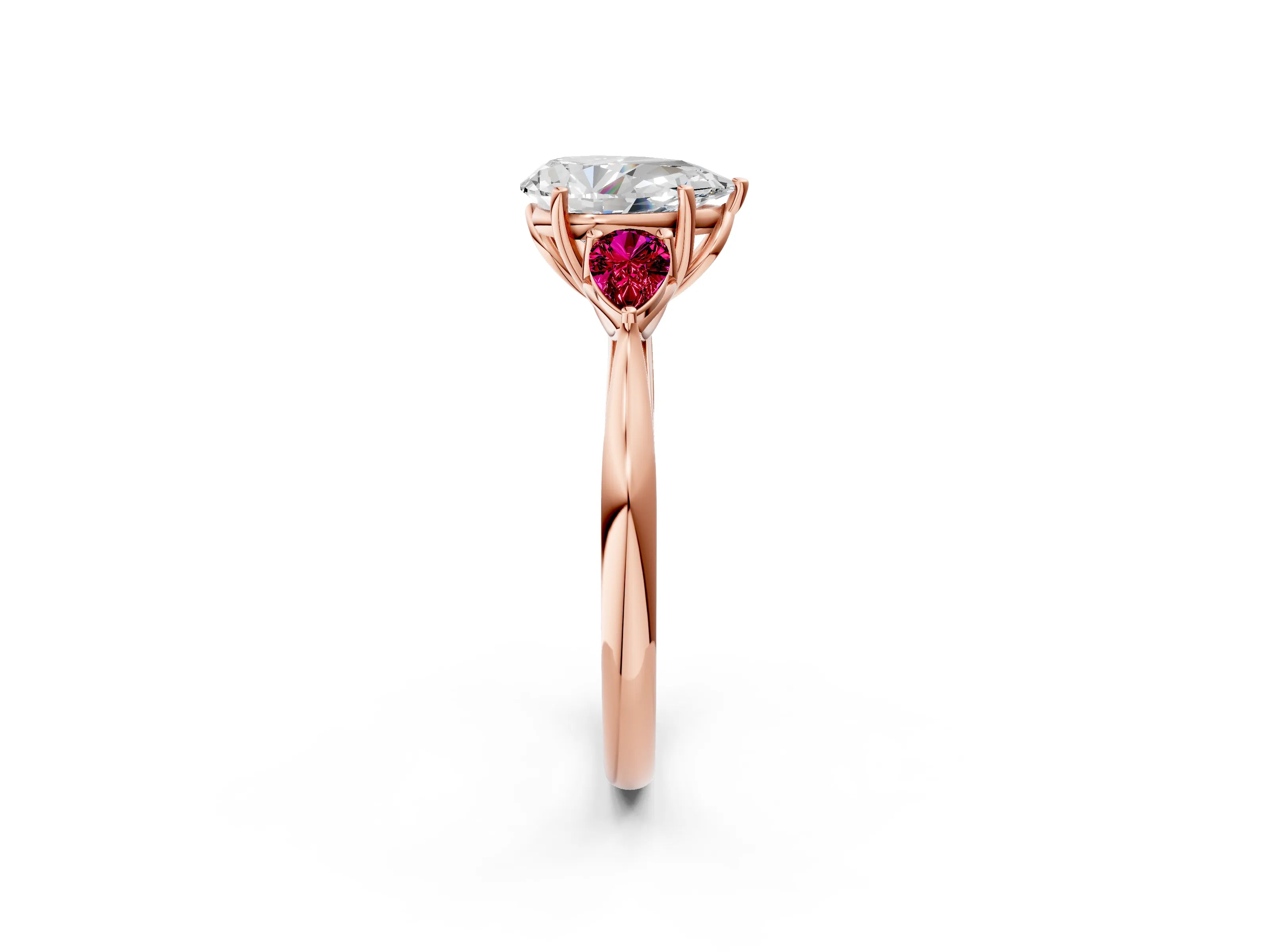 Rose gold Pear Cut Diamond Three-Stone Ring with Pear with Garnet side stone Side Stones and Prong Setting_2