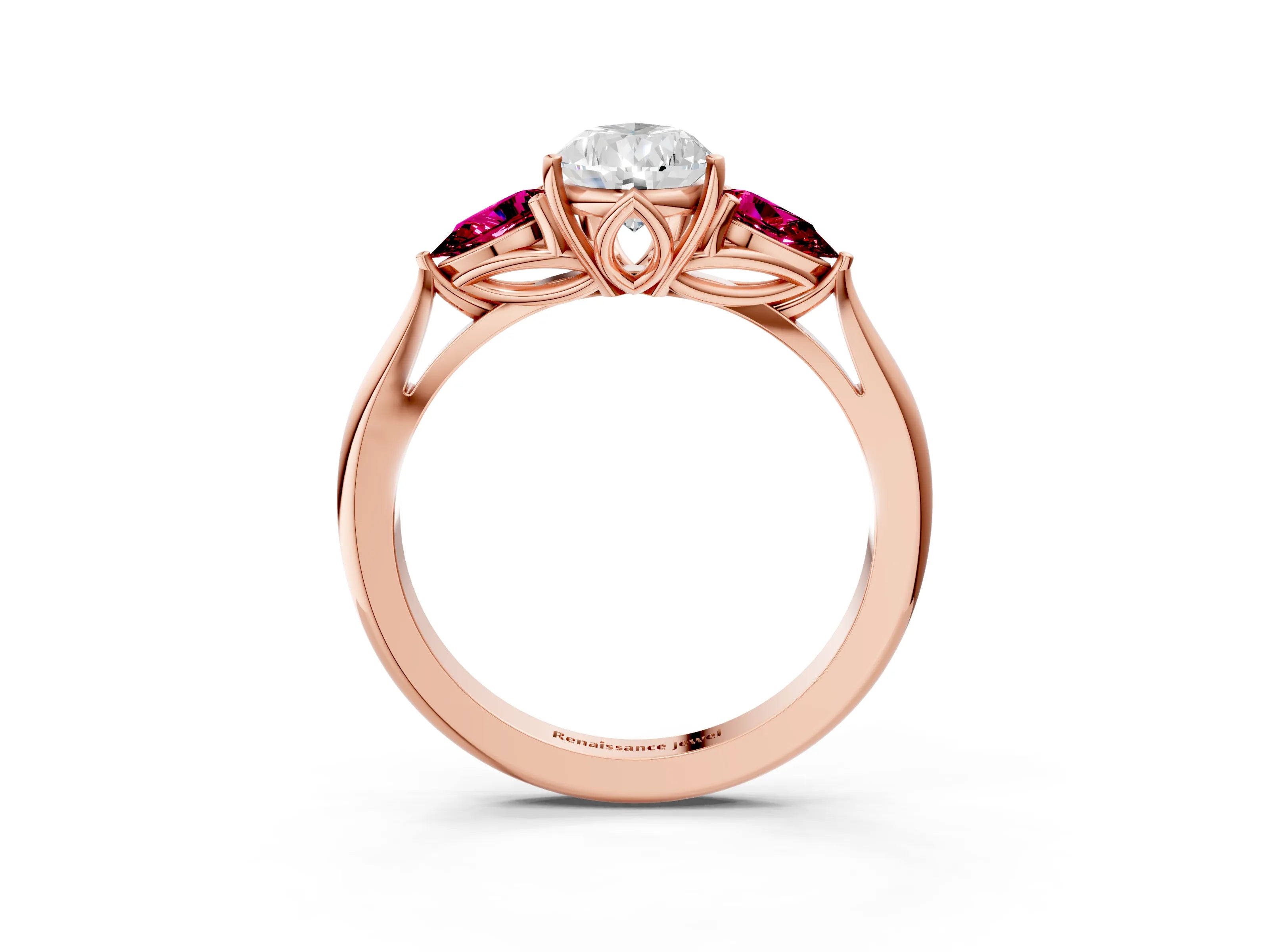 Rose gold Pear Cut Diamond Three-Stone Ring with Pear with Garnet side stone Side Stones and Prong Setting_3