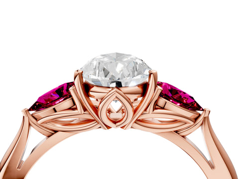 Rose gold Pear Cut Diamond Three-Stone Ring with Pear with Garnet side stone Side Stones and Prong Setting_4