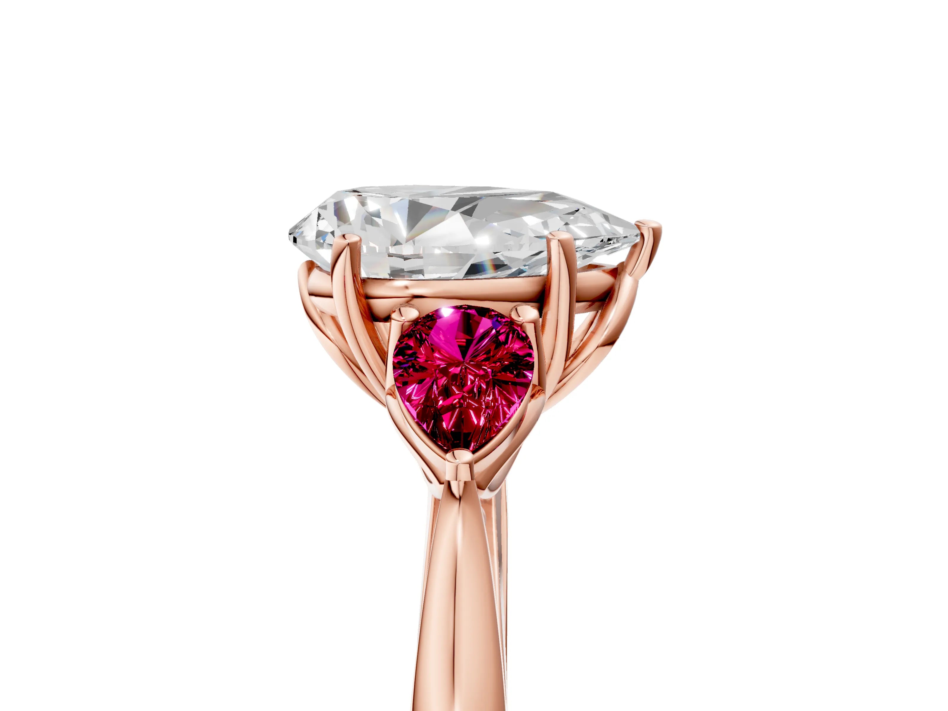 Rose gold Pear Cut Diamond Three-Stone Ring with Pear with Garnet side stone Side Stones and Prong Setting_5