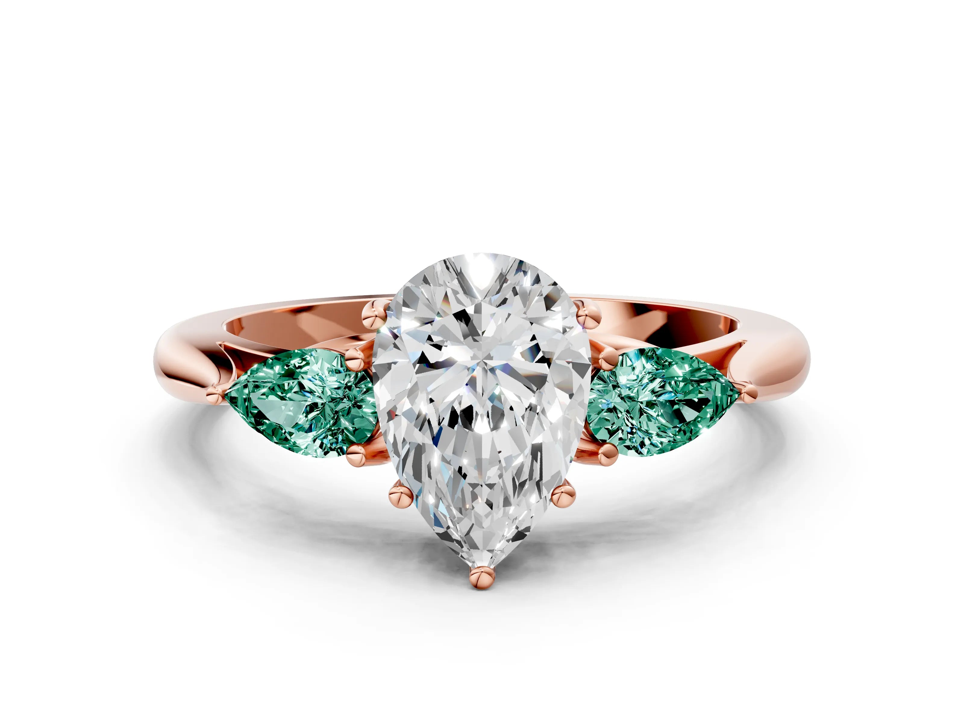 Rose gold Pear Cut Diamond Three-Stone Ring with Pear with Green Sapphire side stone Side Stones and Prong Setting
