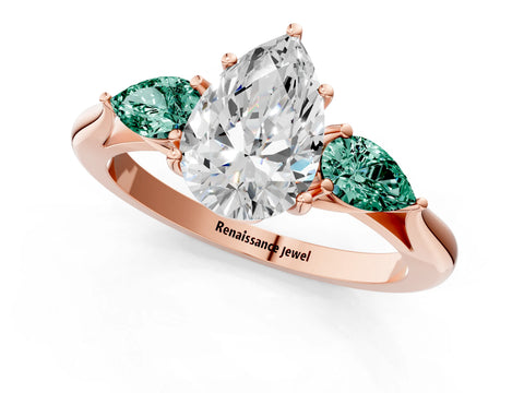Rose gold Pear Cut Diamond Three-Stone Ring with Pear with Green Sapphire side stone Side Stones and Prong Setting_1