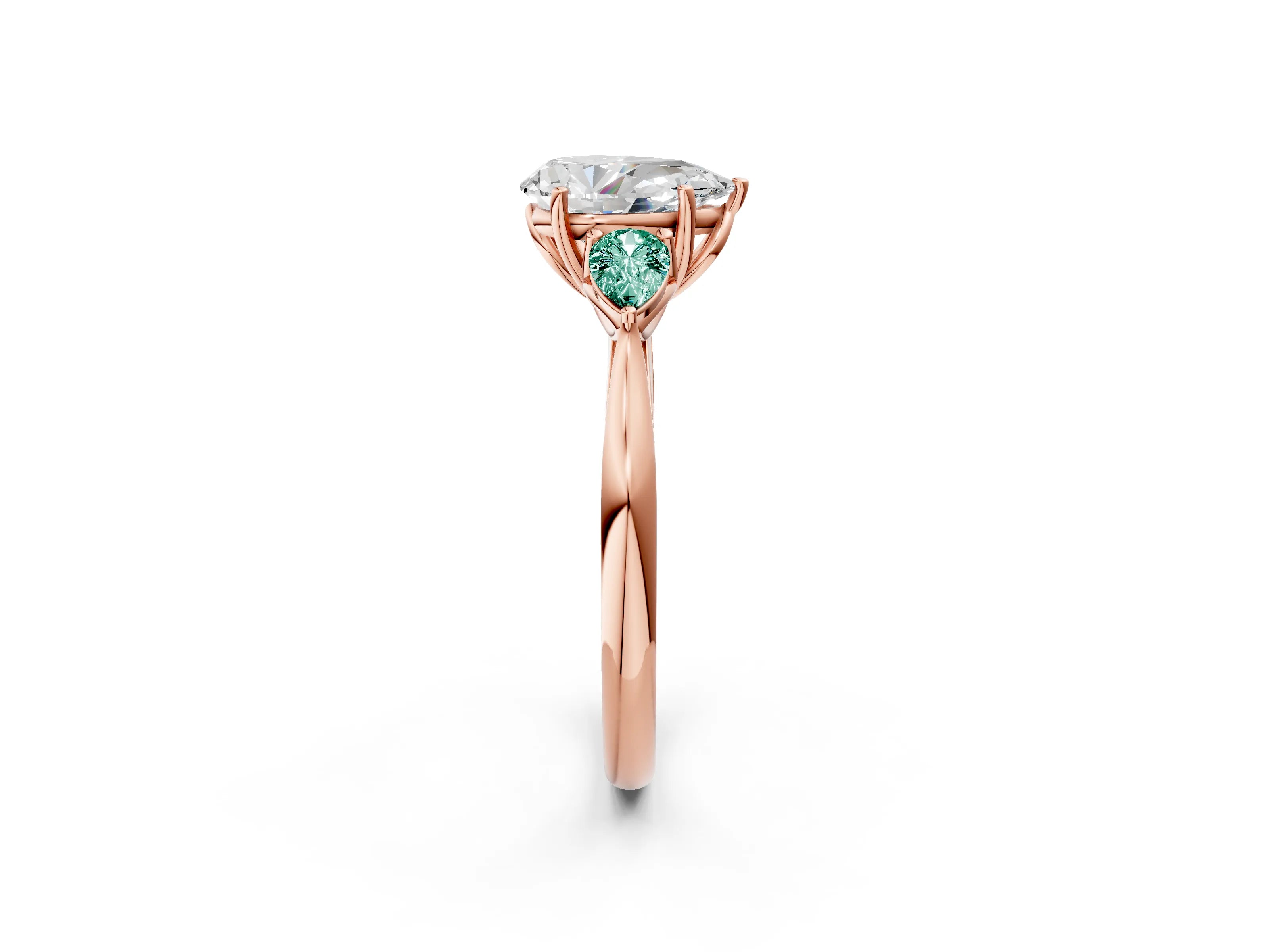 Rose gold Pear Cut Diamond Three-Stone Ring with Pear with Green Sapphire side stone Side Stones and Prong Setting_2