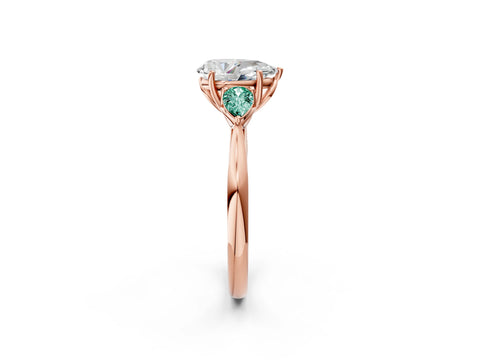 Rose gold Pear Cut Diamond Three-Stone Ring with Pear with Green Sapphire side stone Side Stones and Prong Setting_2