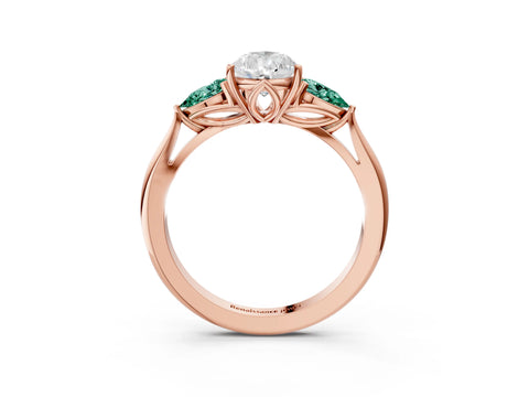 Rose gold Pear Cut Diamond Three-Stone Ring with Pear with Green Sapphire side stone Side Stones and Prong Setting_3