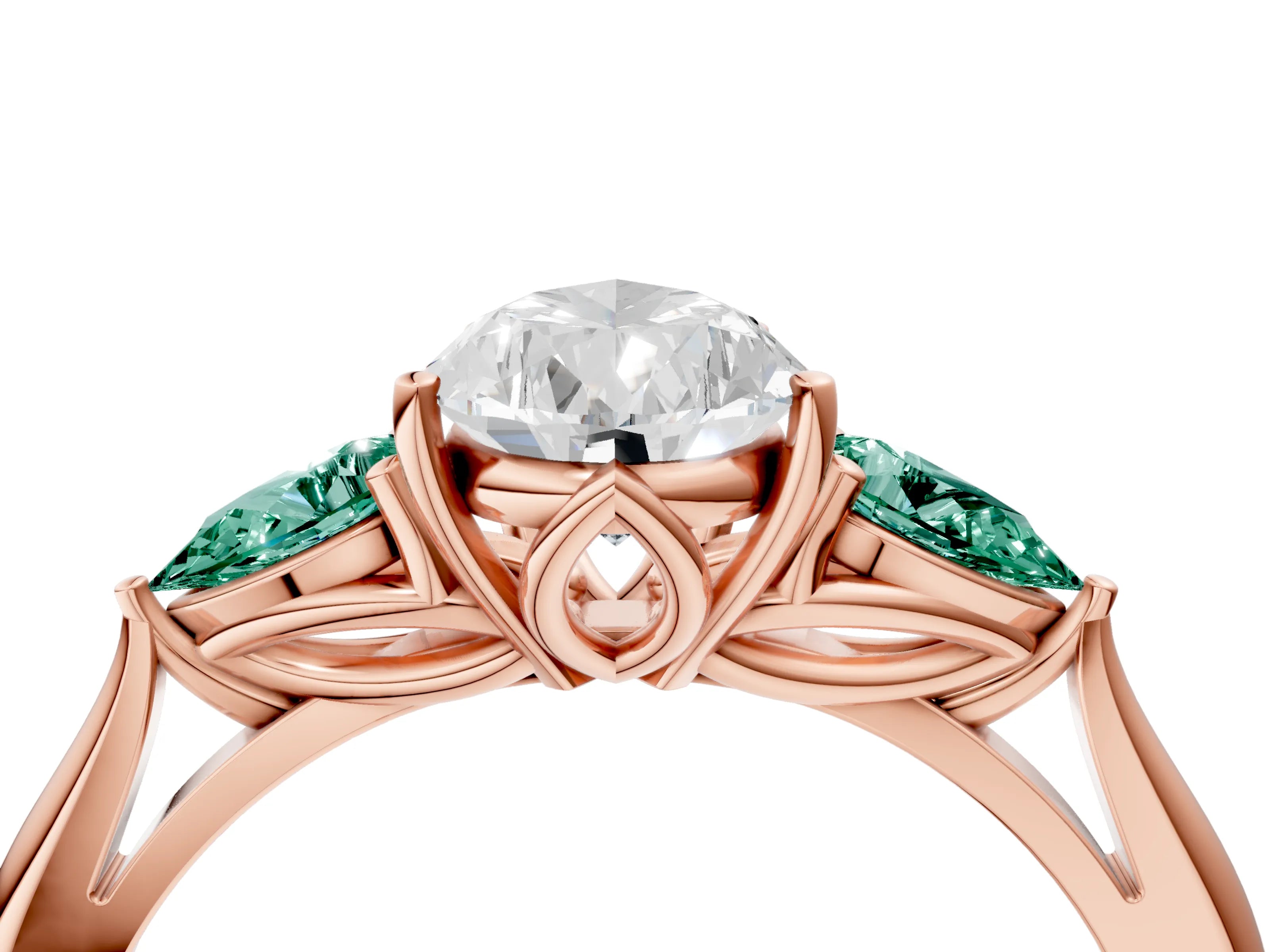 Rose gold Pear Cut Diamond Three-Stone Ring with Pear with Green Sapphire side stone Side Stones and Prong Setting_4