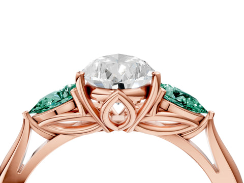 Rose gold Pear Cut Diamond Three-Stone Ring with Pear with Green Sapphire side stone Side Stones and Prong Setting_4
