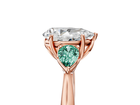 Rose gold Pear Cut Diamond Three-Stone Ring with Pear with Green Sapphire side stone Side Stones and Prong Setting_5