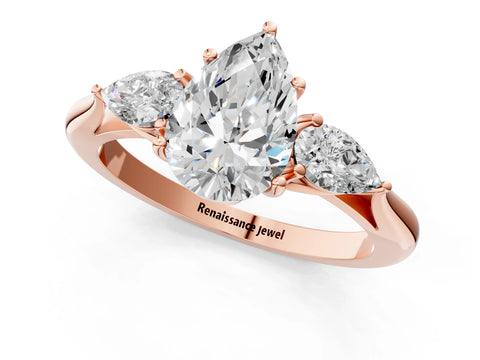 Rose gold Pear Cut Diamond Three-Stone Ring with Pear with Moissanite side stone Side Stones and Prong Setting_1