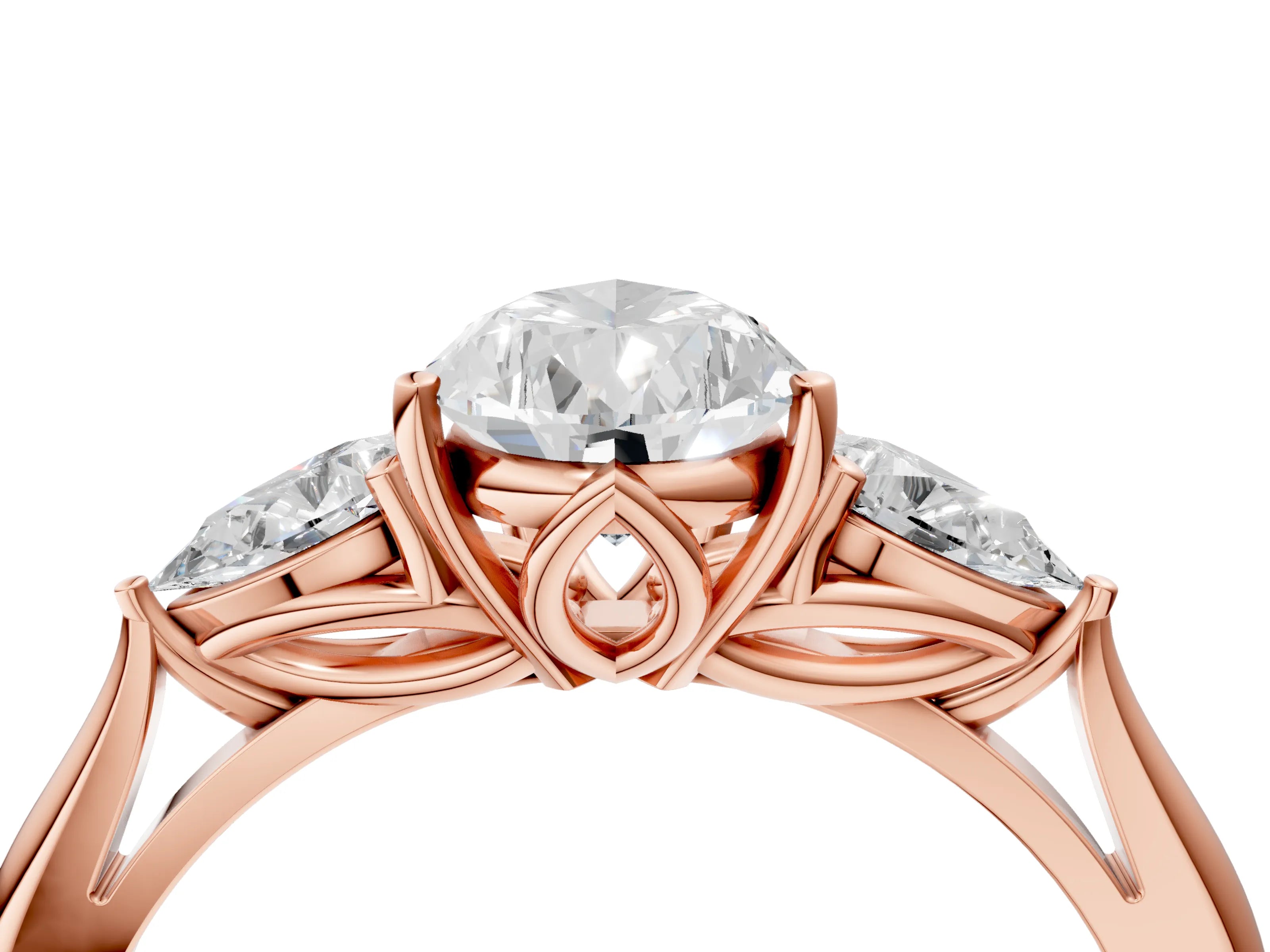 Rose gold Pear Cut Diamond Three-Stone Ring with Pear with Moissanite side stone Side Stones and Prong Setting_4