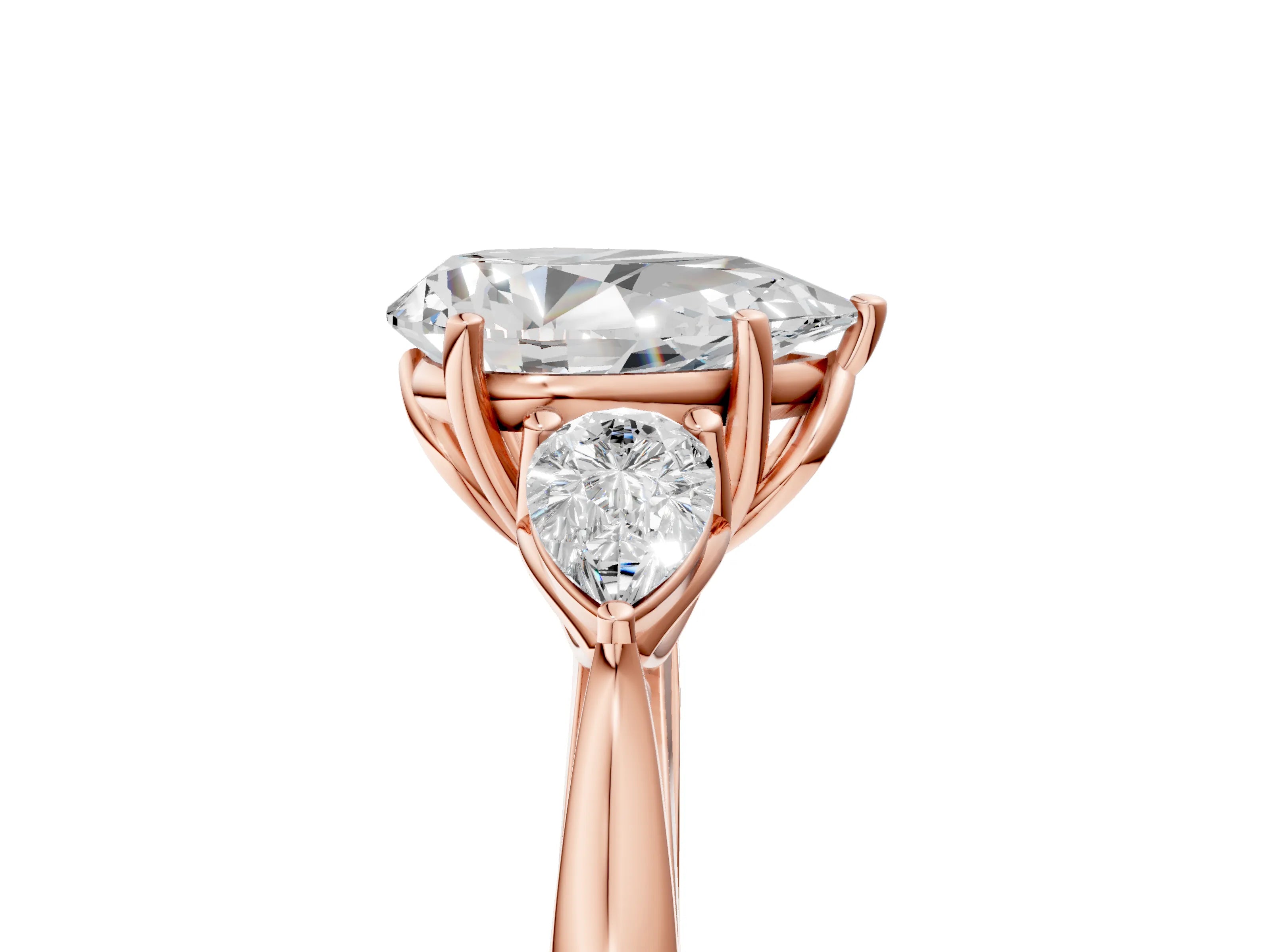 Rose gold Pear Cut Diamond Three-Stone Ring with Pear with Moissanite side stone Side Stones and Prong Setting_5