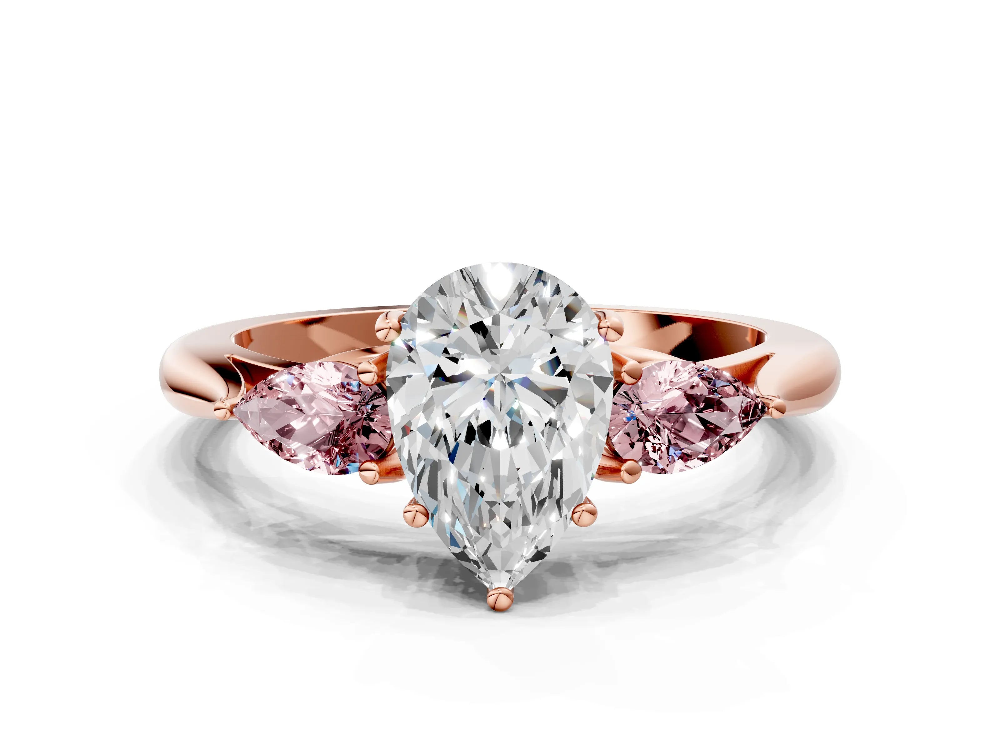 Rose gold Pear Cut Diamond Three-Stone Ring with Pear with Morganite side stone Side Stones and Prong Setting