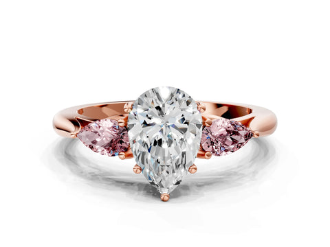 Rose gold Pear Cut Diamond Three-Stone Ring with Pear with Morganite side stone Side Stones and Prong Setting