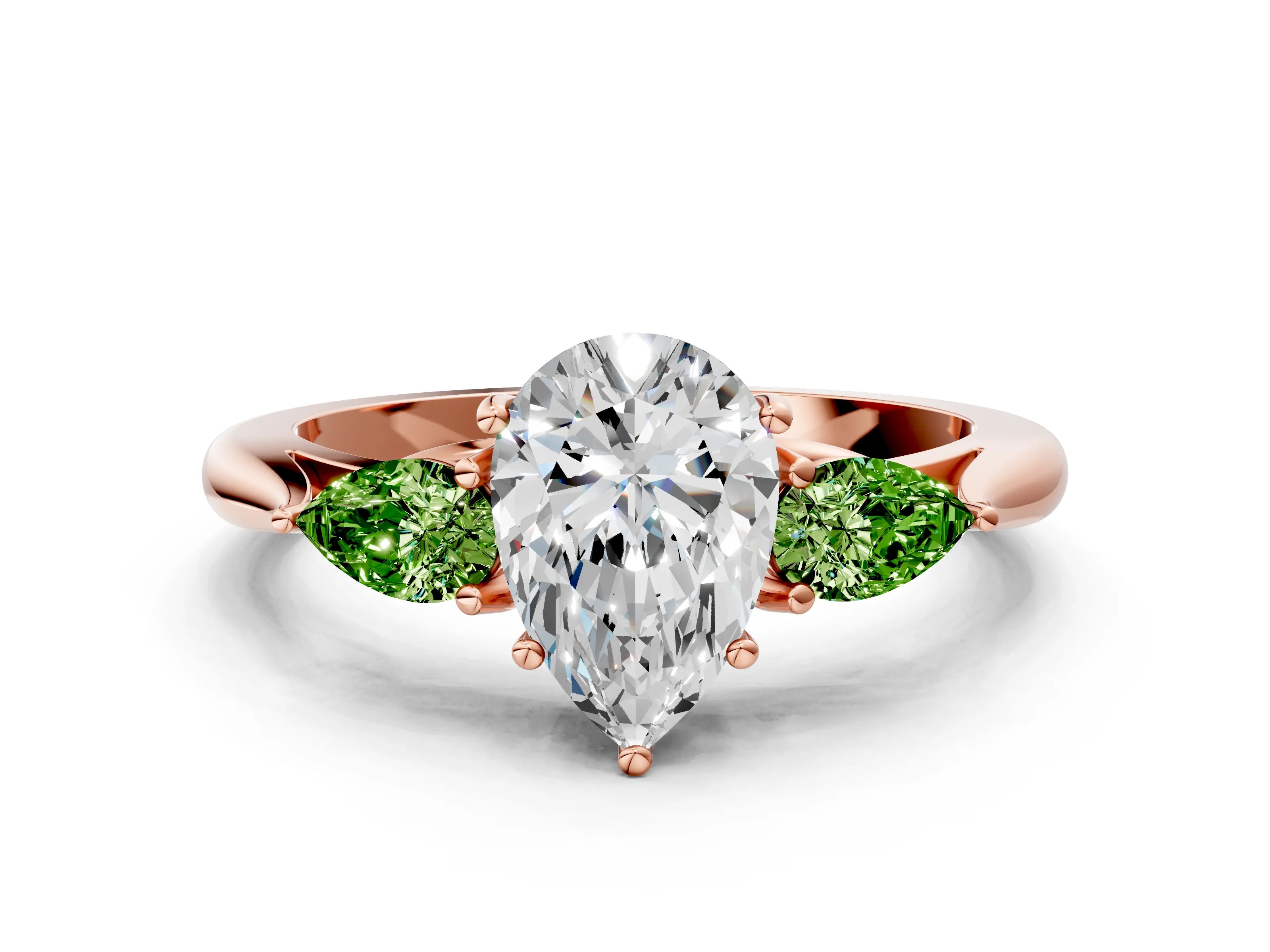 Rose gold Pear Cut Diamond Three-Stone Ring with Pear with Peridot side stone Side Stones and Prong Setting