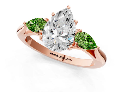Rose gold Pear Cut Diamond Three-Stone Ring with Pear with Peridot side stone Side Stones and Prong Setting_1