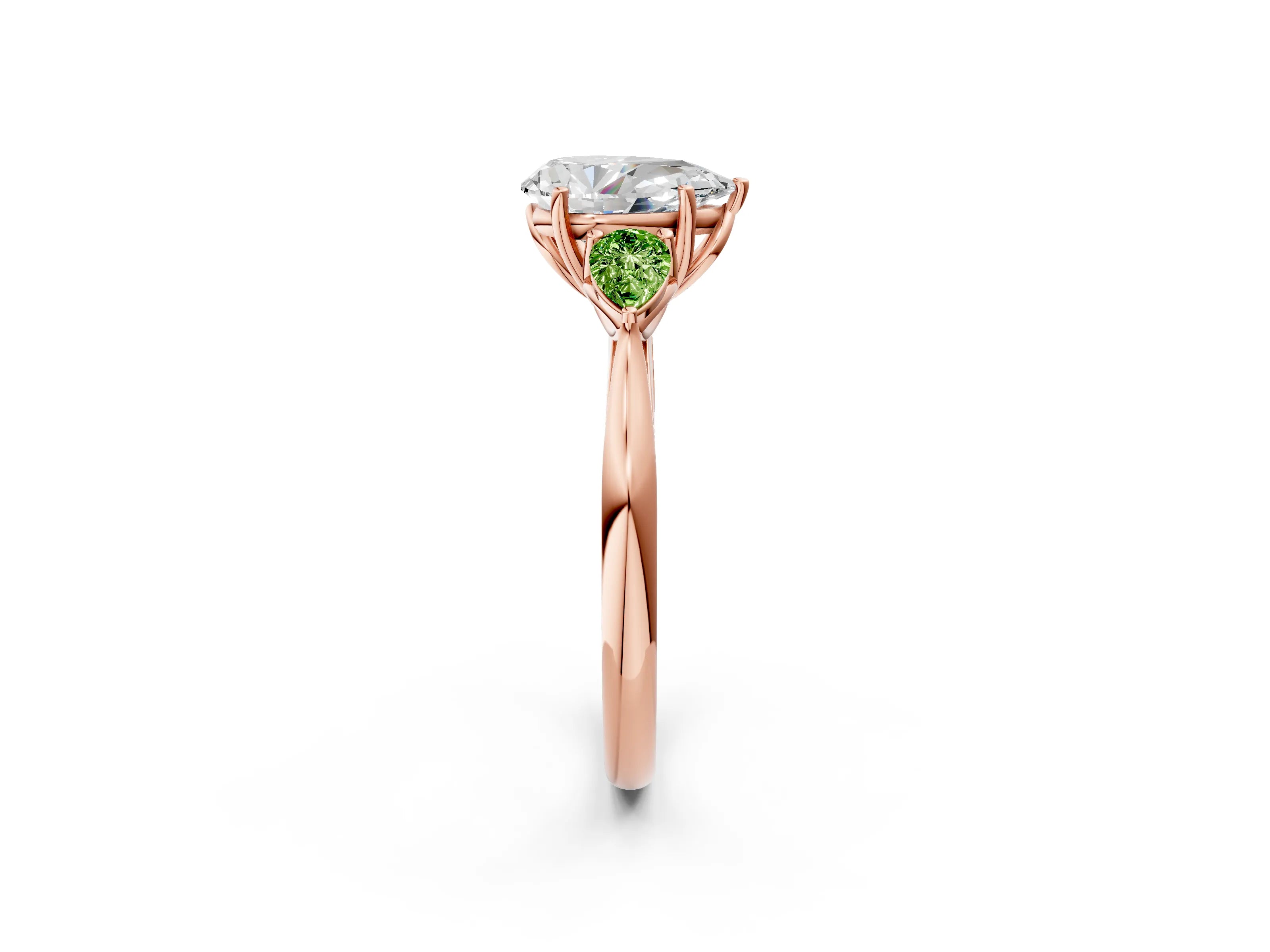 Rose gold Pear Cut Diamond Three-Stone Ring with Pear with Peridot side stone Side Stones and Prong Setting_2