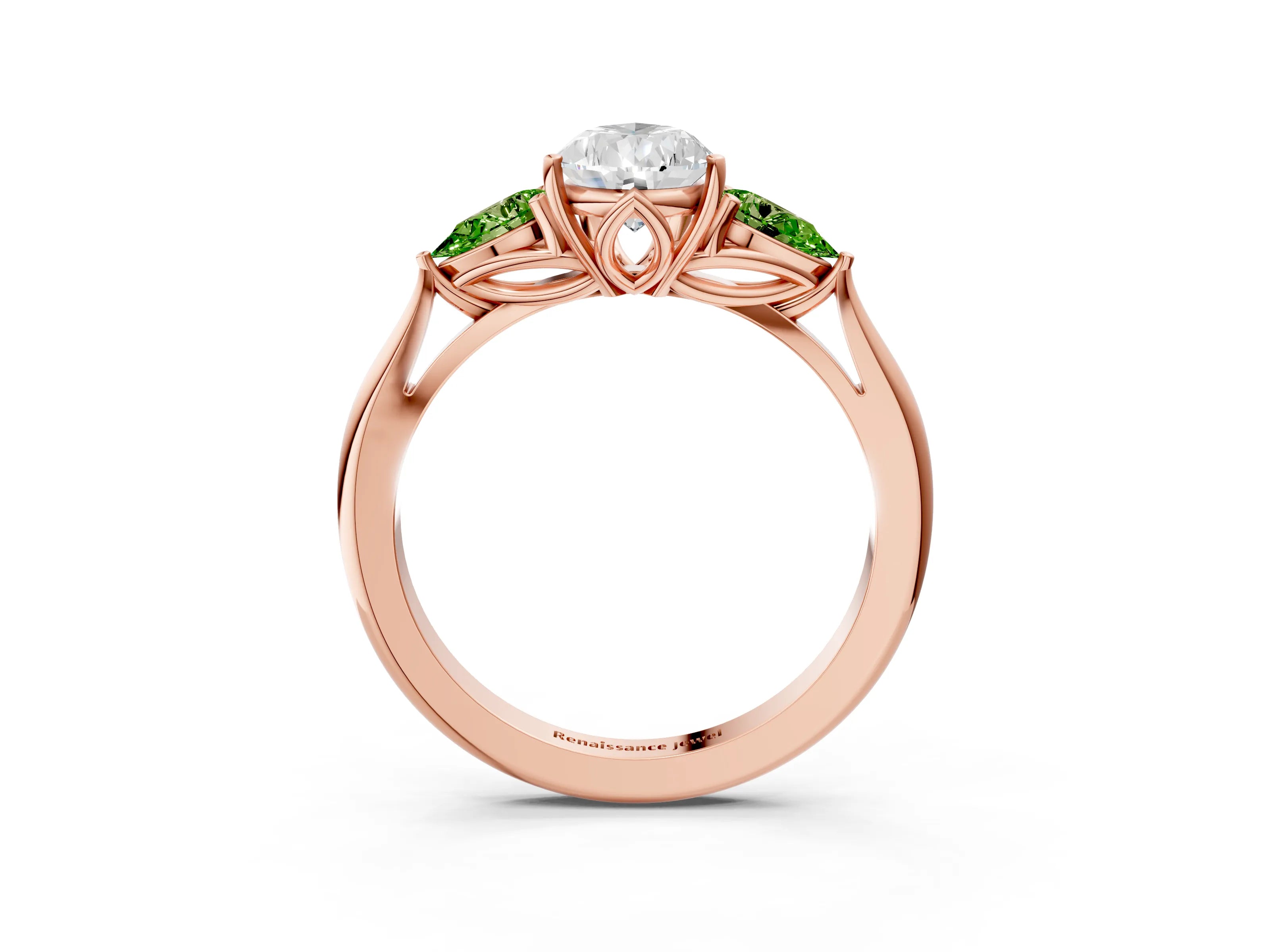 Rose gold Pear Cut Diamond Three-Stone Ring with Pear with Peridot side stone Side Stones and Prong Setting_3