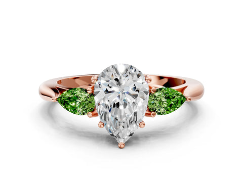 Rose gold Pear Cut Diamond Three-Stone Ring with Pear with Peridot side stone Side Stones and Prong Setting