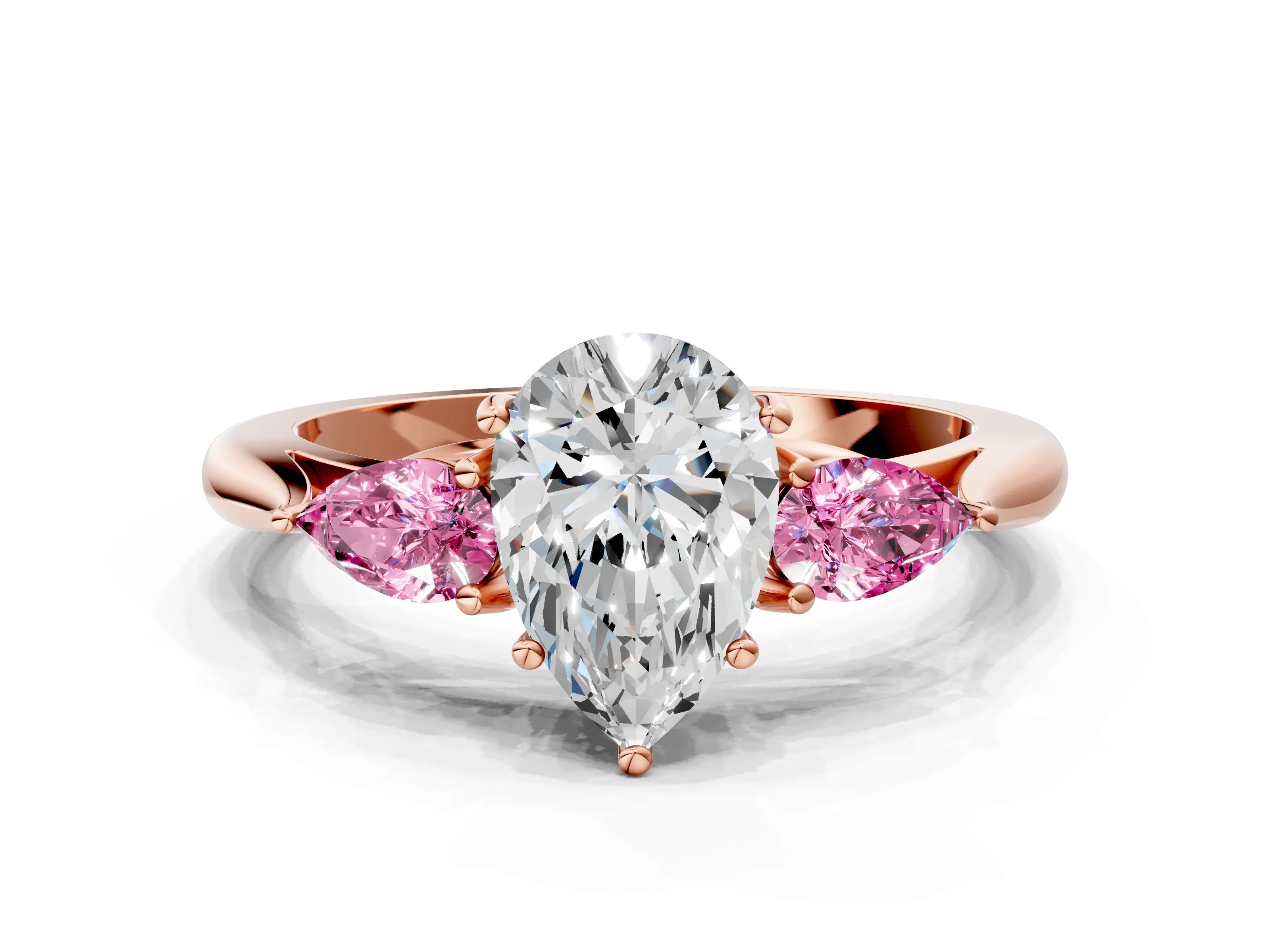 Rose gold Pear Cut Diamond Three-Stone Ring with Pear with Pink Sapphire side stone Side Stones and Prong Setting