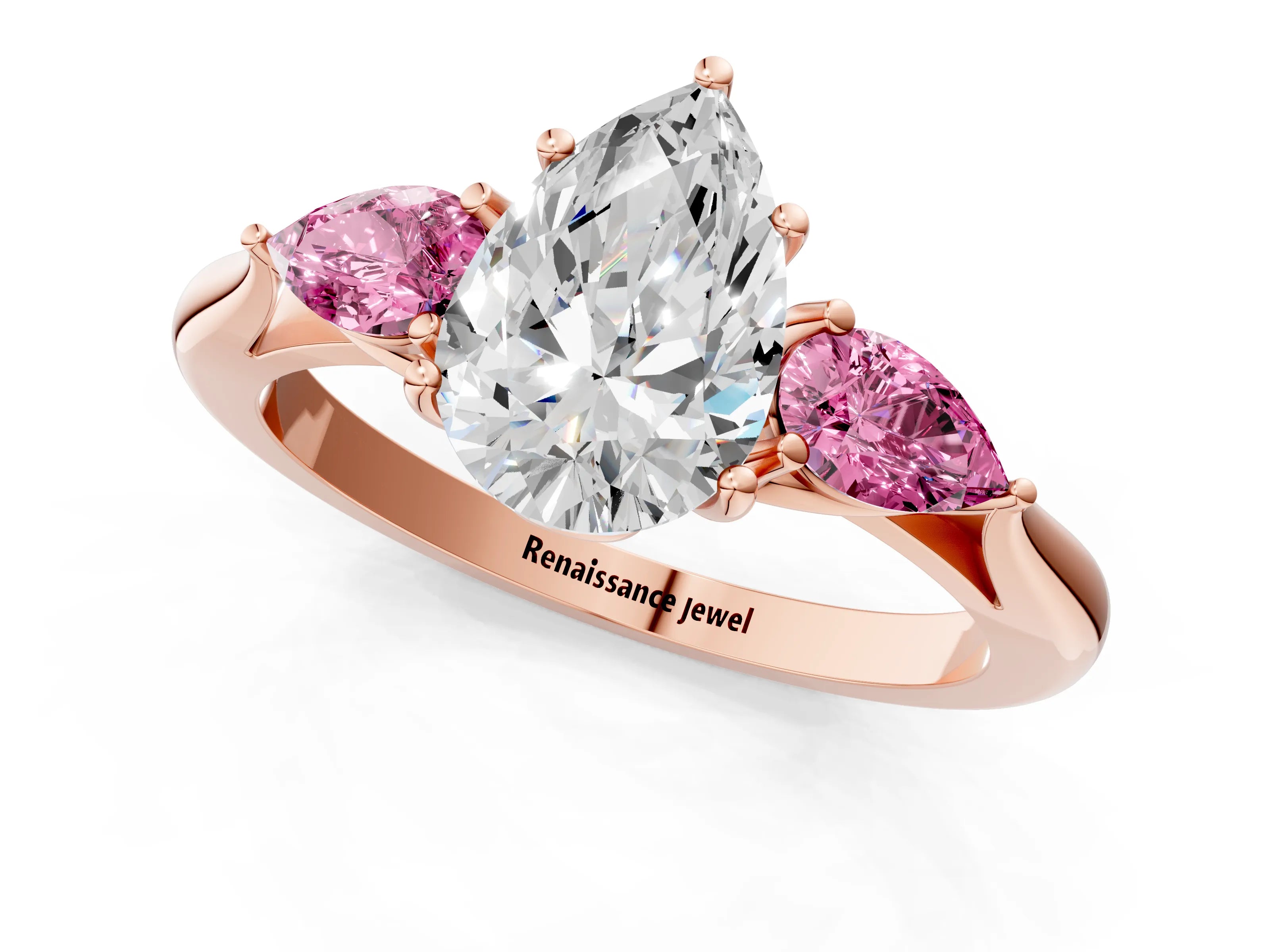 Rose gold Pear Cut Diamond Three-Stone Ring with Pear with Pink Sapphire side stone Side Stones and Prong Setting_1